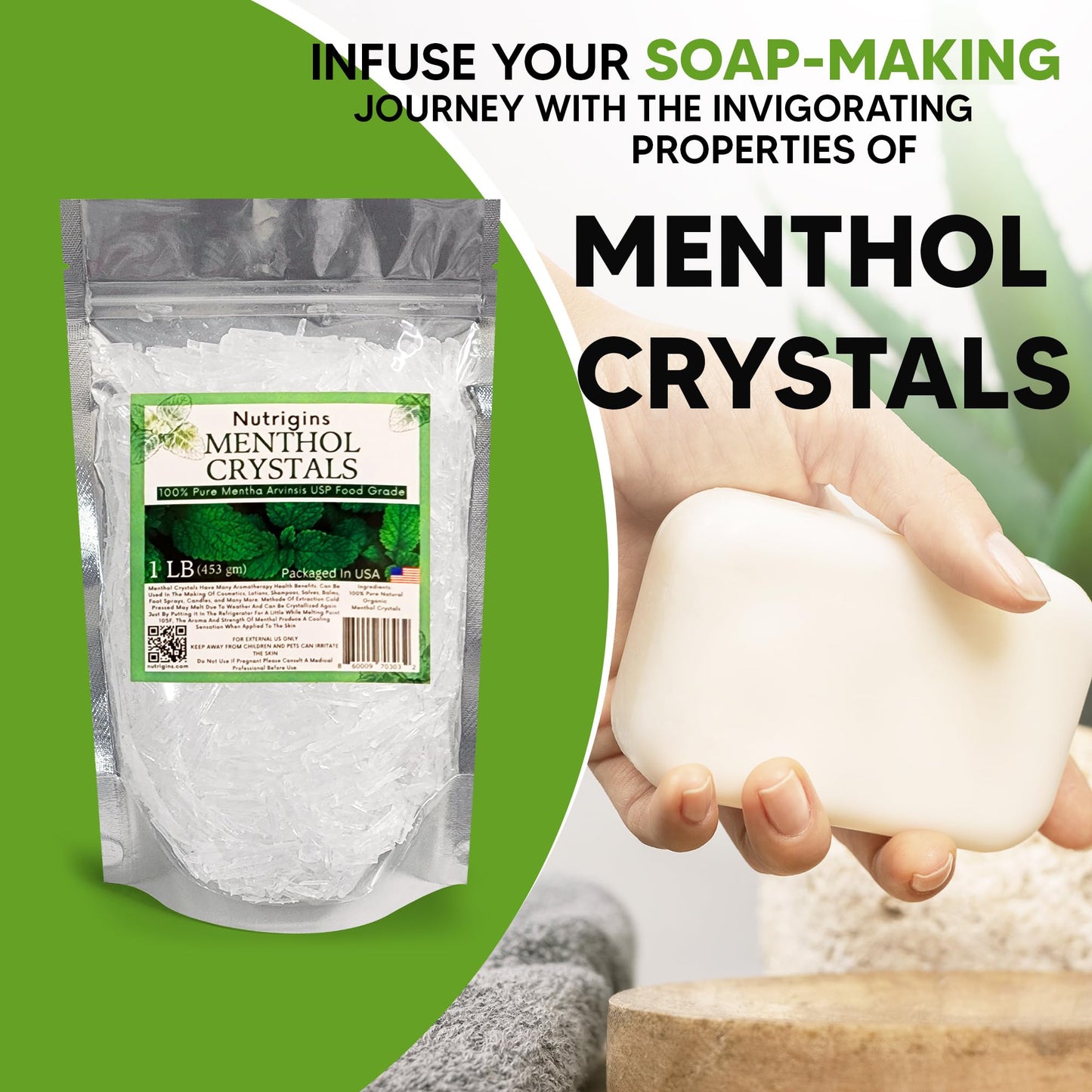 Nutrigins Menthol Crystal 1 LB - Pure Organic 100% Natural - Menthol Crystals from Mint Crystal Mints Mentha Arvensis - Comes in Resealable Standup