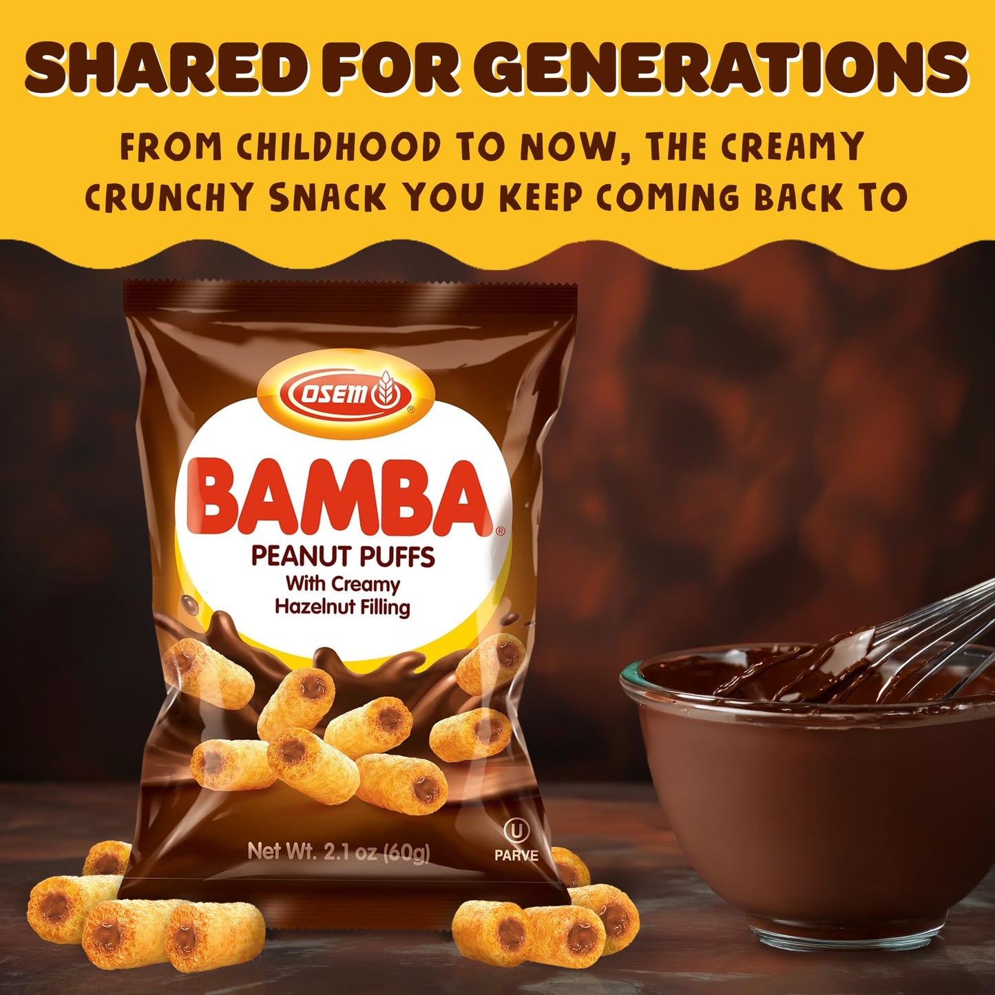 Osem Bamba Peanut Butter Puffs with Creamy Hazelnut Filling - Kosher Crunchy PB Snack with Chocolate Center, Oven Baked Treat with a Crunch - 2.1 oz