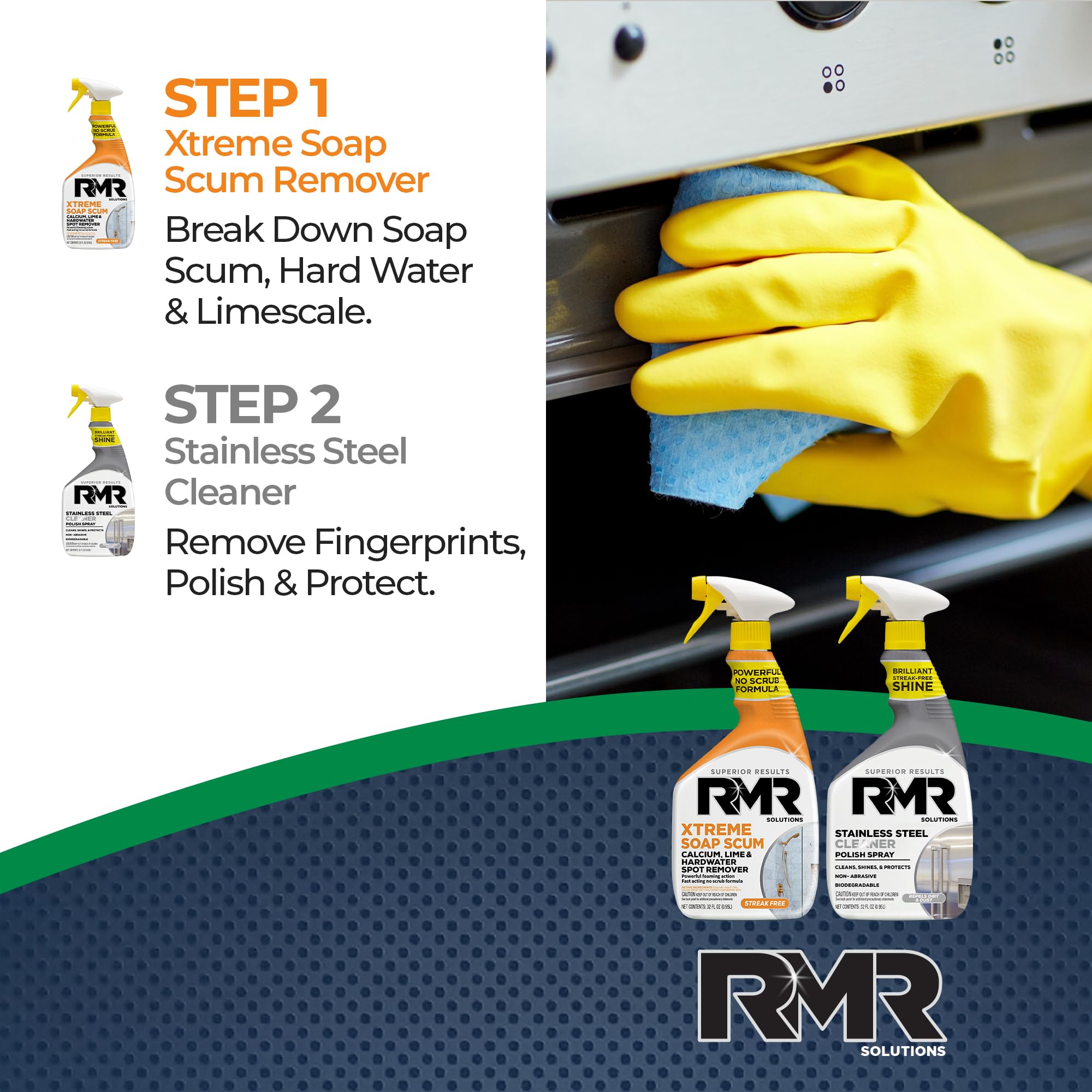RMR Buildup Breakdown Bundle - Xtreme Soap Scum Remover + Stainless Steel Cleaner Polish, 2-Step Bathroom & Kitchen Cleaning Kit for Shower, Tub