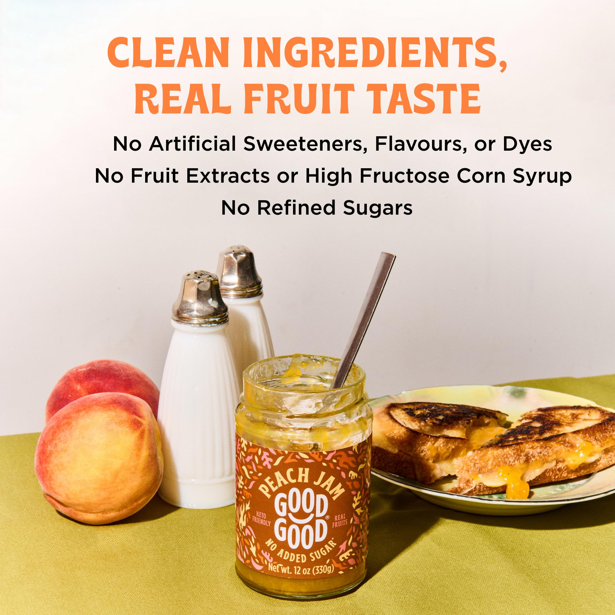 GOOD GOOD Peach Jam - No Added Sugar - Low Calorie - Gluten Free and Vegan - Diabetic and Keto Friendly - 12oz / 330g (Pack of 1)