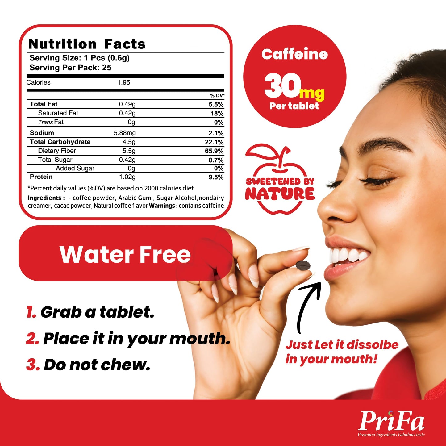 PriFa Sweet Espresso Coffee Tablets - Water-Free Instant Coffee, Sugar-Free, Sweetened with Stevia, Pocket-Sized, On-The-Go Caffeine Boost - 30mg
