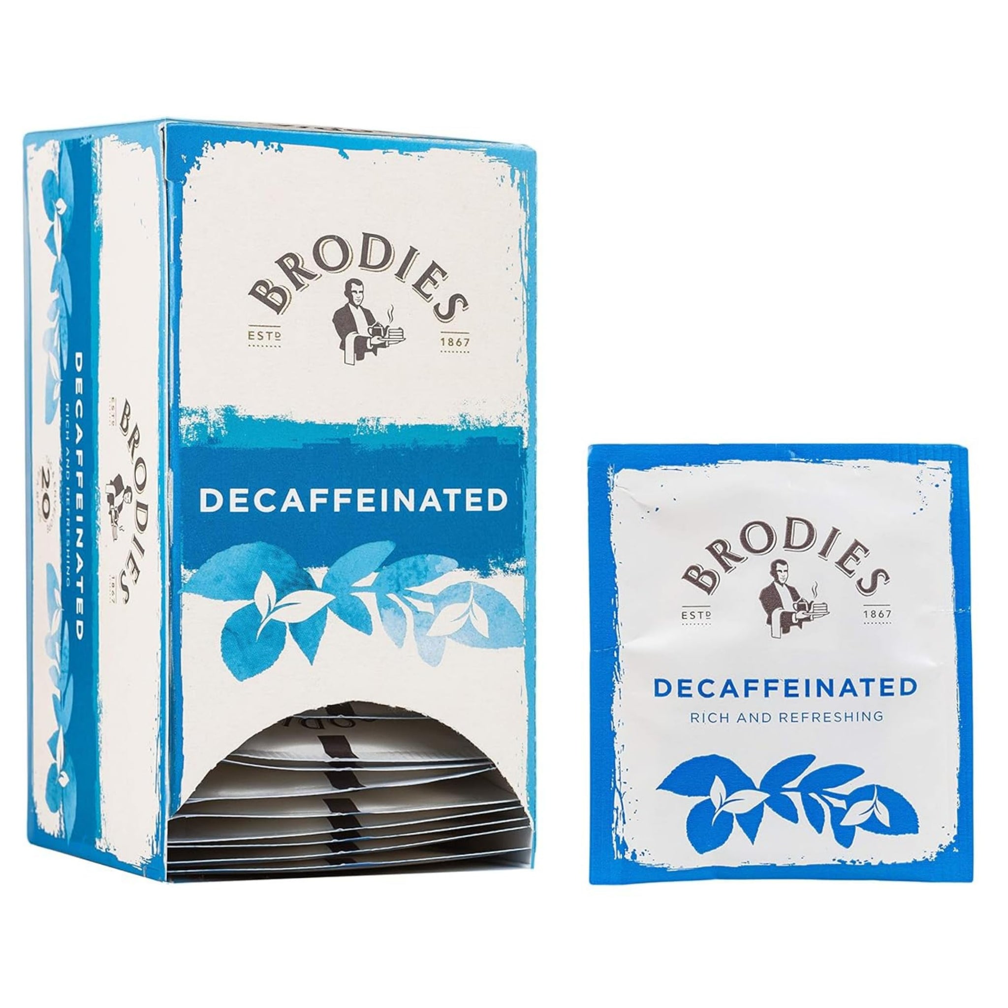 Brodies Tea, Decaffeinated Black Tea Imported from Scotland, Box of 20 Tag and Envelope Bags (Pack of 1)