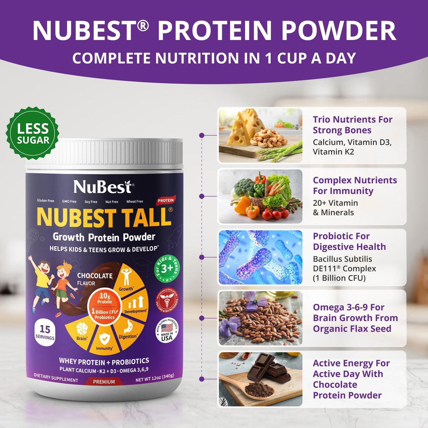 NuBest Tall Protein Powder for Kids & Teens - Whey Protein Powder - Chocolate Protein Powder Shake with Probiotics, Omega 3-6-9, Vitamin D3 + K2