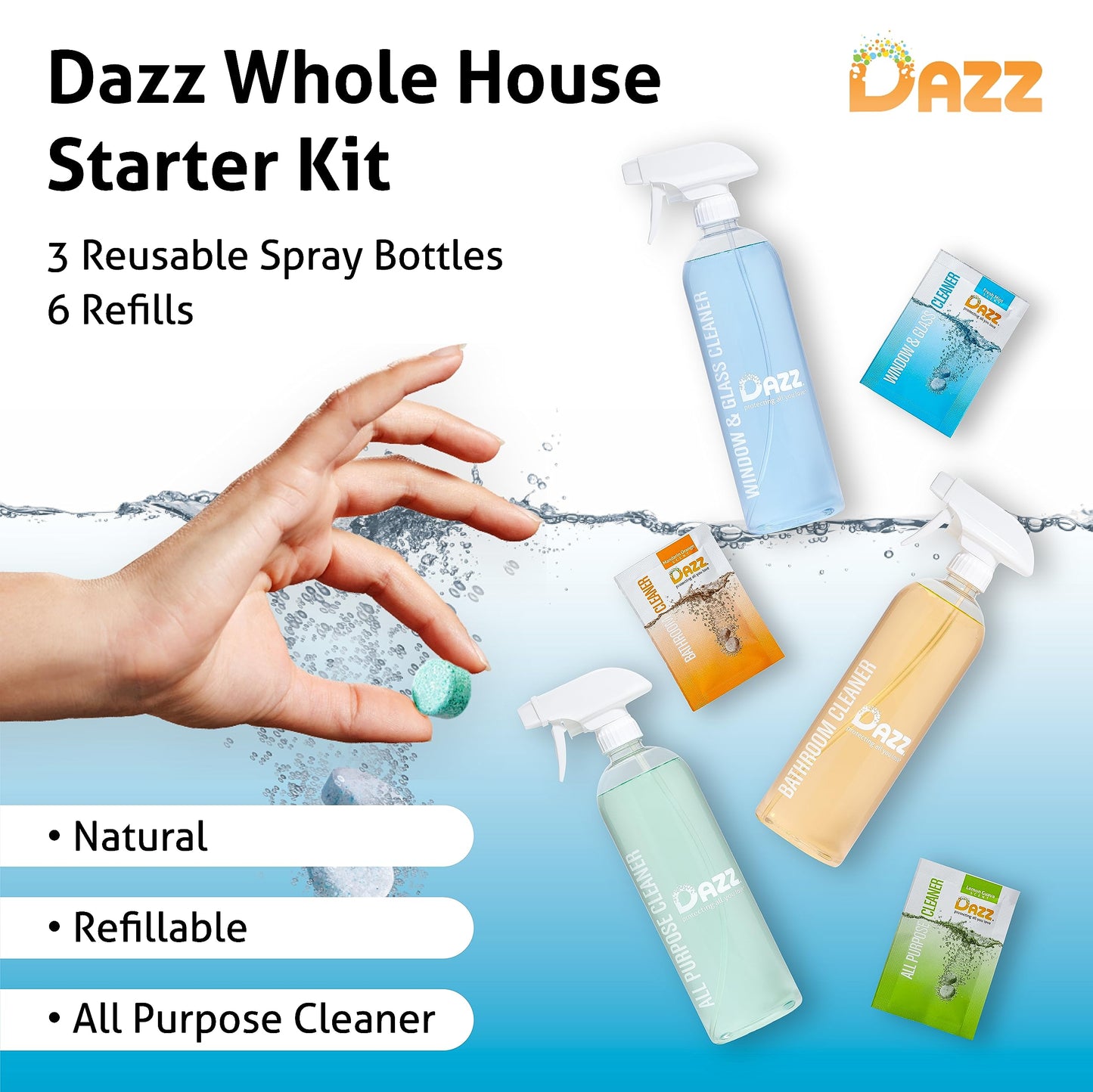 DAZZ Whole House Starter Kit (3 Reusable Spray Bottles, 6 Refills) Natural All Purpose Cleaner, Glass and Window Cleaner, and Bathroom Cleaner - Eco