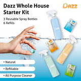 DAZZ Whole House Starter Kit (3 Reusable Spray Bottles, 6 Refills) Natural All Purpose Cleaner, Glass and Window Cleaner, and Bathroom Cleaner - Eco