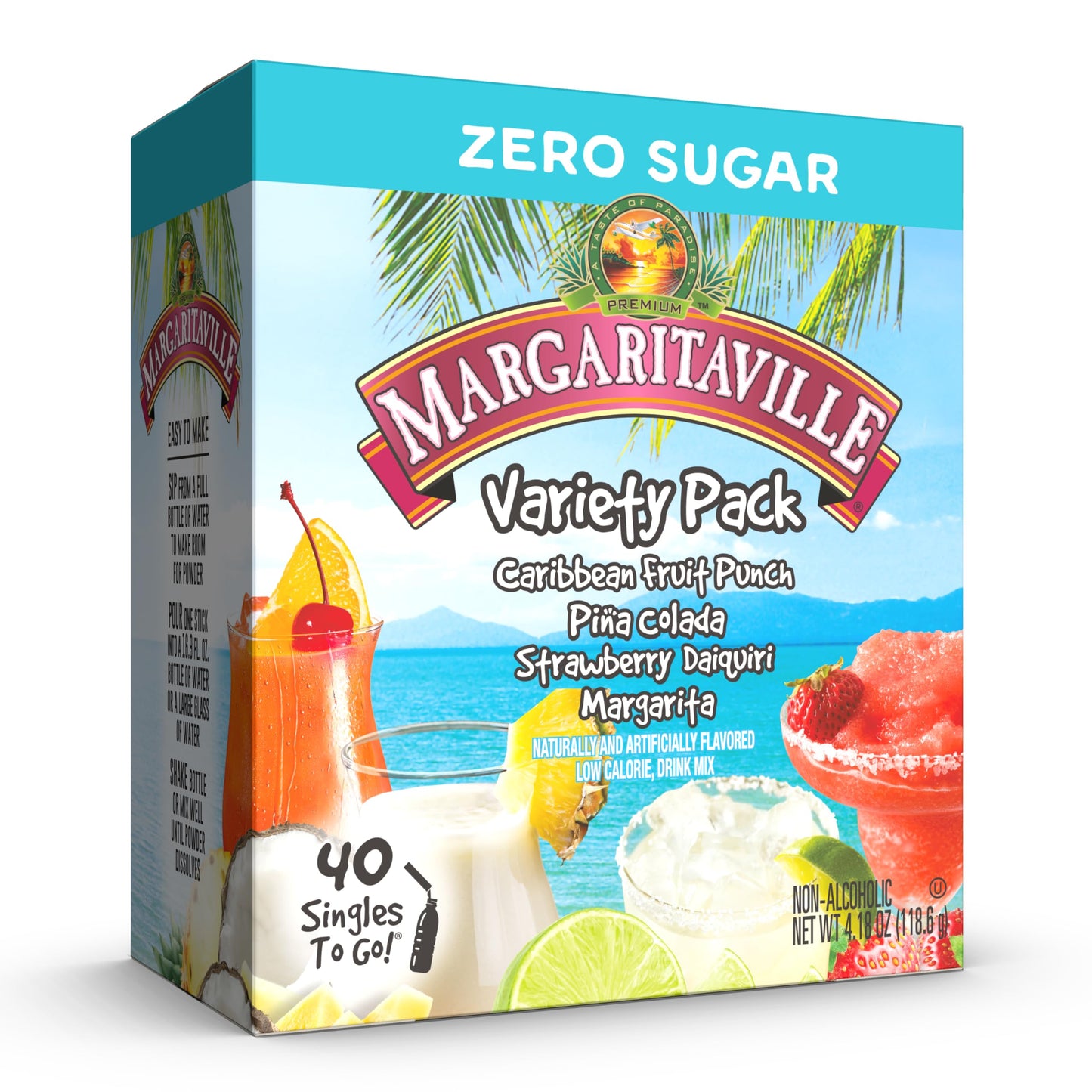 SINGLES TO GO! Margaritaville Water Drink Mix, Variety Pack, Includes 4 Flavors: Caribbean Fruit Punch, Pina Colada, Strawberry Daiquiri