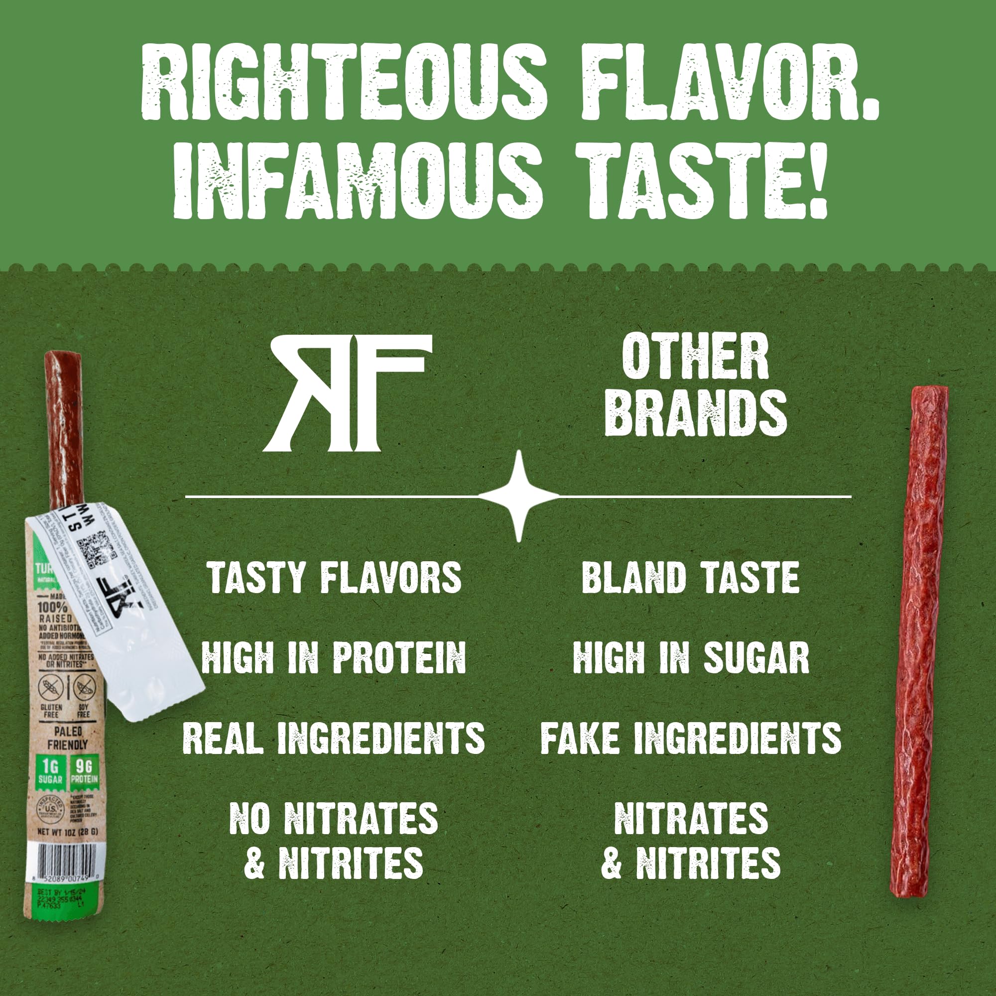Righteous Felon Meat Sticks | 100% Turkey | 9g Protein per Stick | Keto, Gluten-Free, Low Sugar, High Protein Snack Sticks | Individually Wrapped |