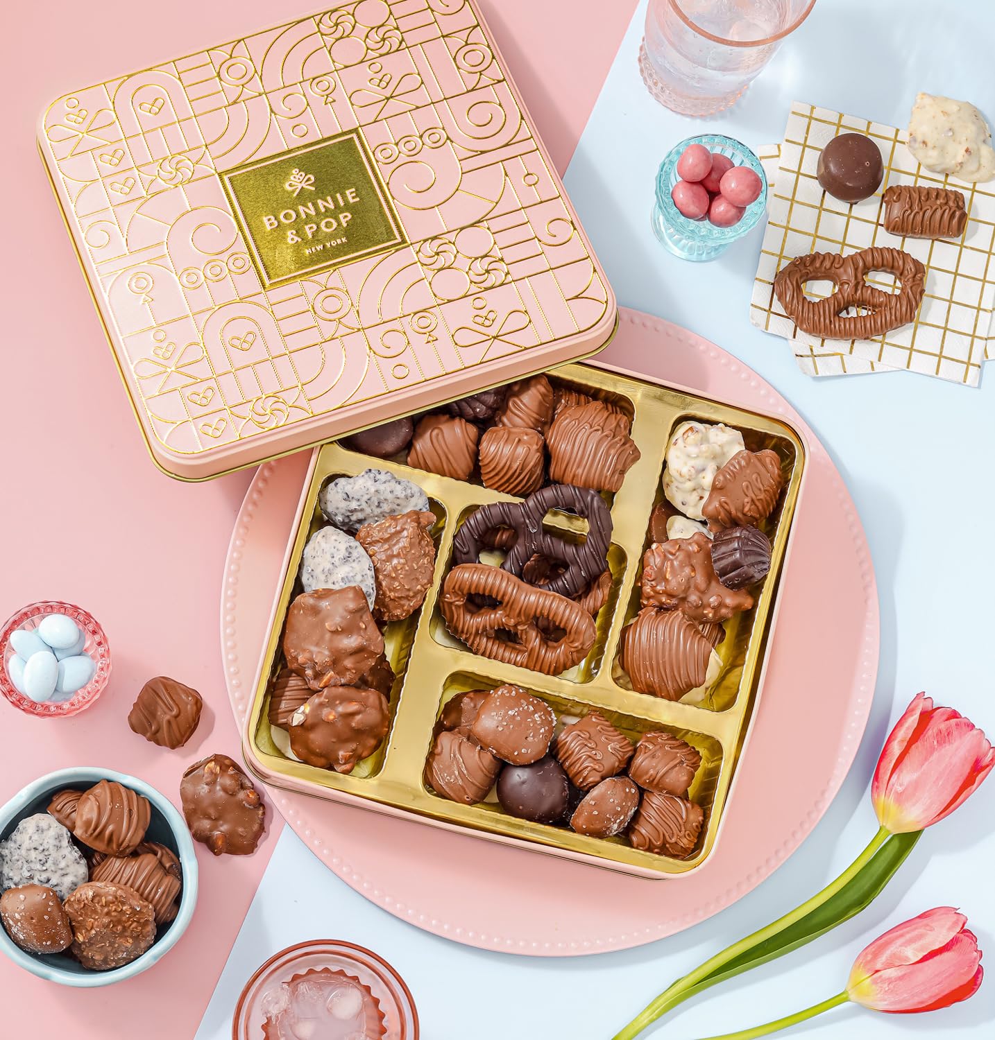Chocolate Gift Basket,Candy Gift Box Set for Women, Her, Mom, Wife, Girlfriend, Grandmother, Anniversary, Pink | Bonnie and Pop