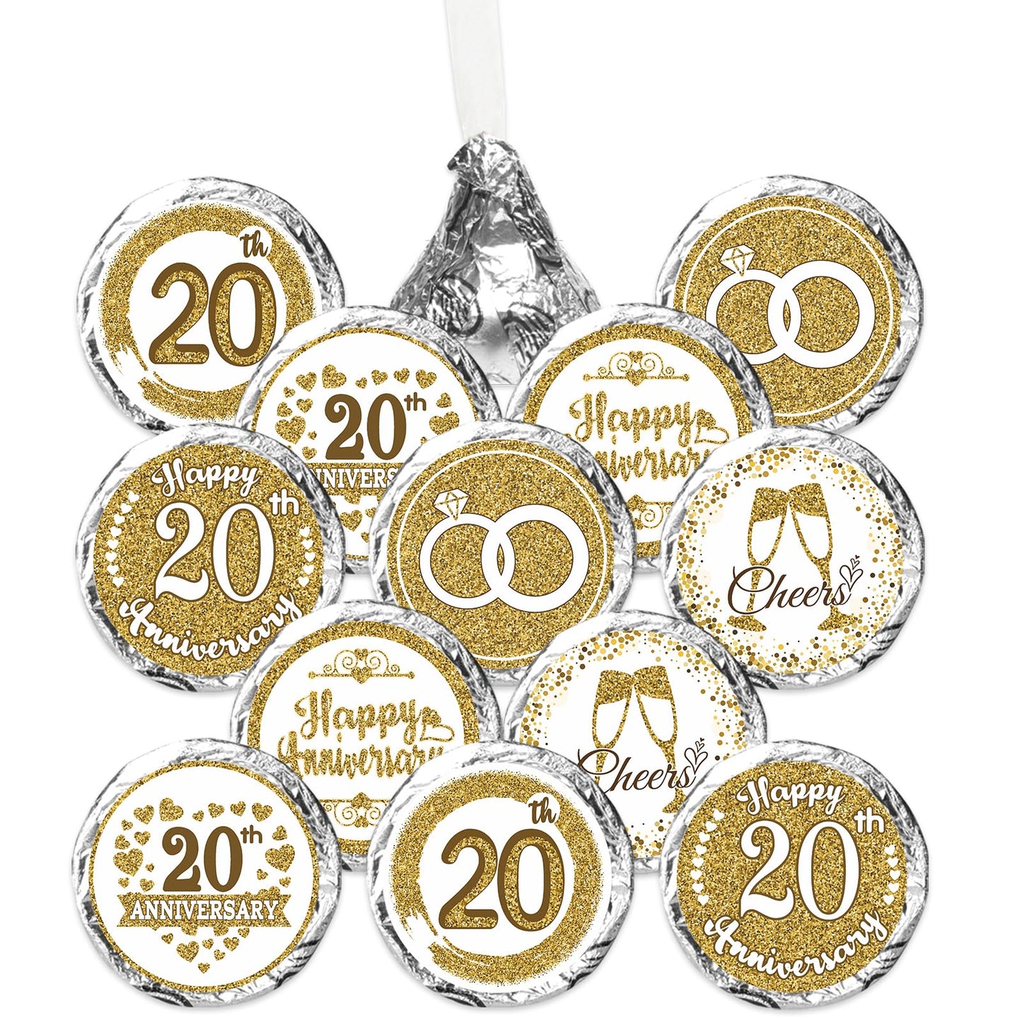 Gold 20th Anniversary Chocolate Kiss Stickers,180 Count, 0.75" Chocolate Drop Labels for Kisses, 20th Wedding Anniversary Party Favors Labels