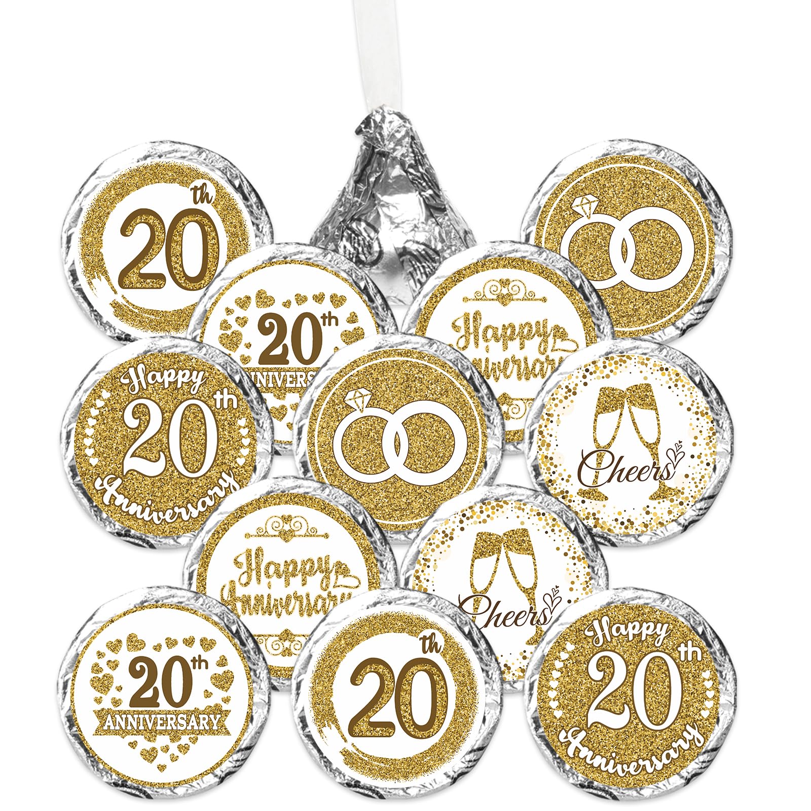Gold 20th Anniversary Chocolate Kiss Stickers,180 Count, 0.75" Chocolate Drop Labels for Kisses, 20th Wedding Anniversary Party Favors Labels