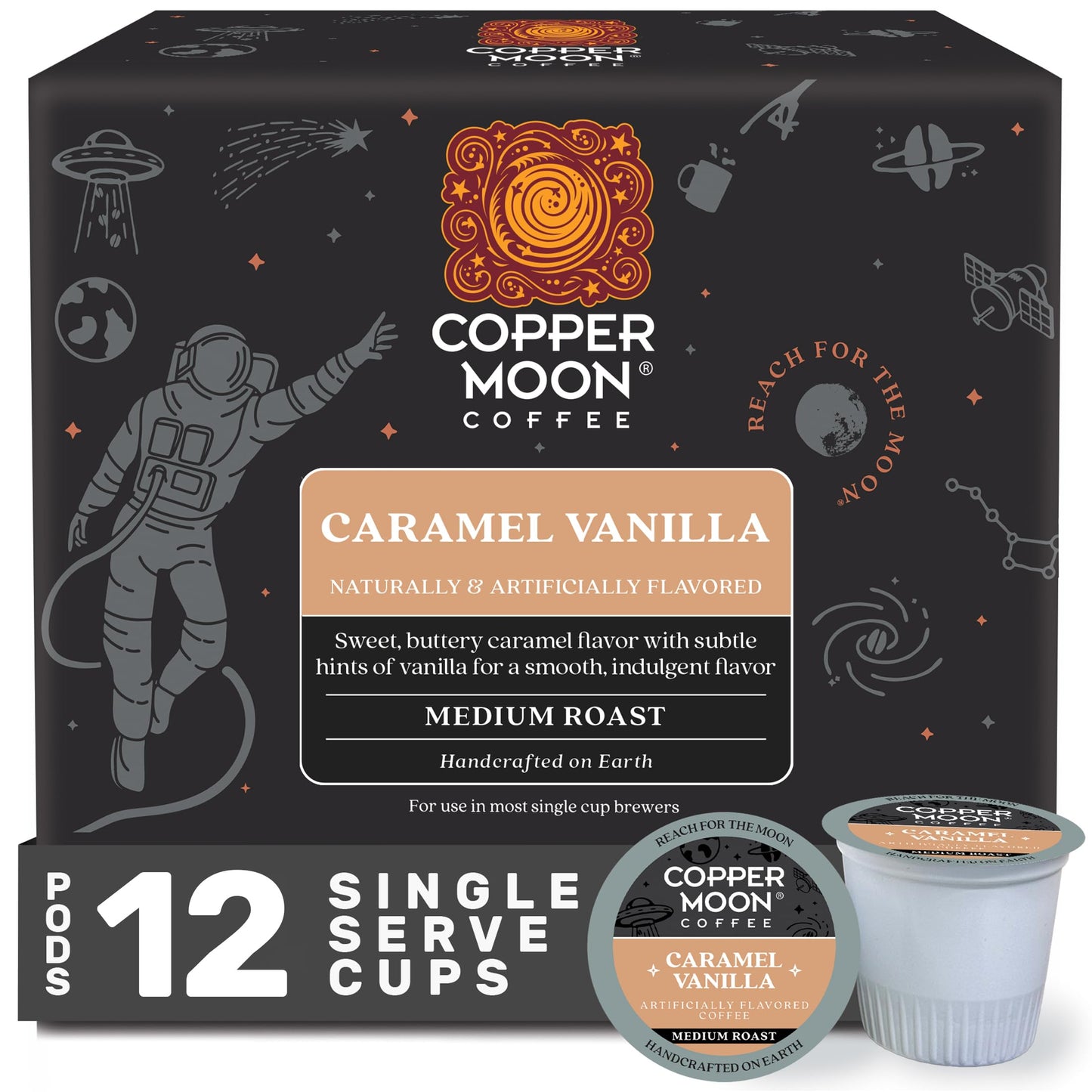 Copper Moon Single Serve Coffee Pods for Keurig K-Cup Brewers, Medium Roast, Caramel Vanilla Blend, 12 Count