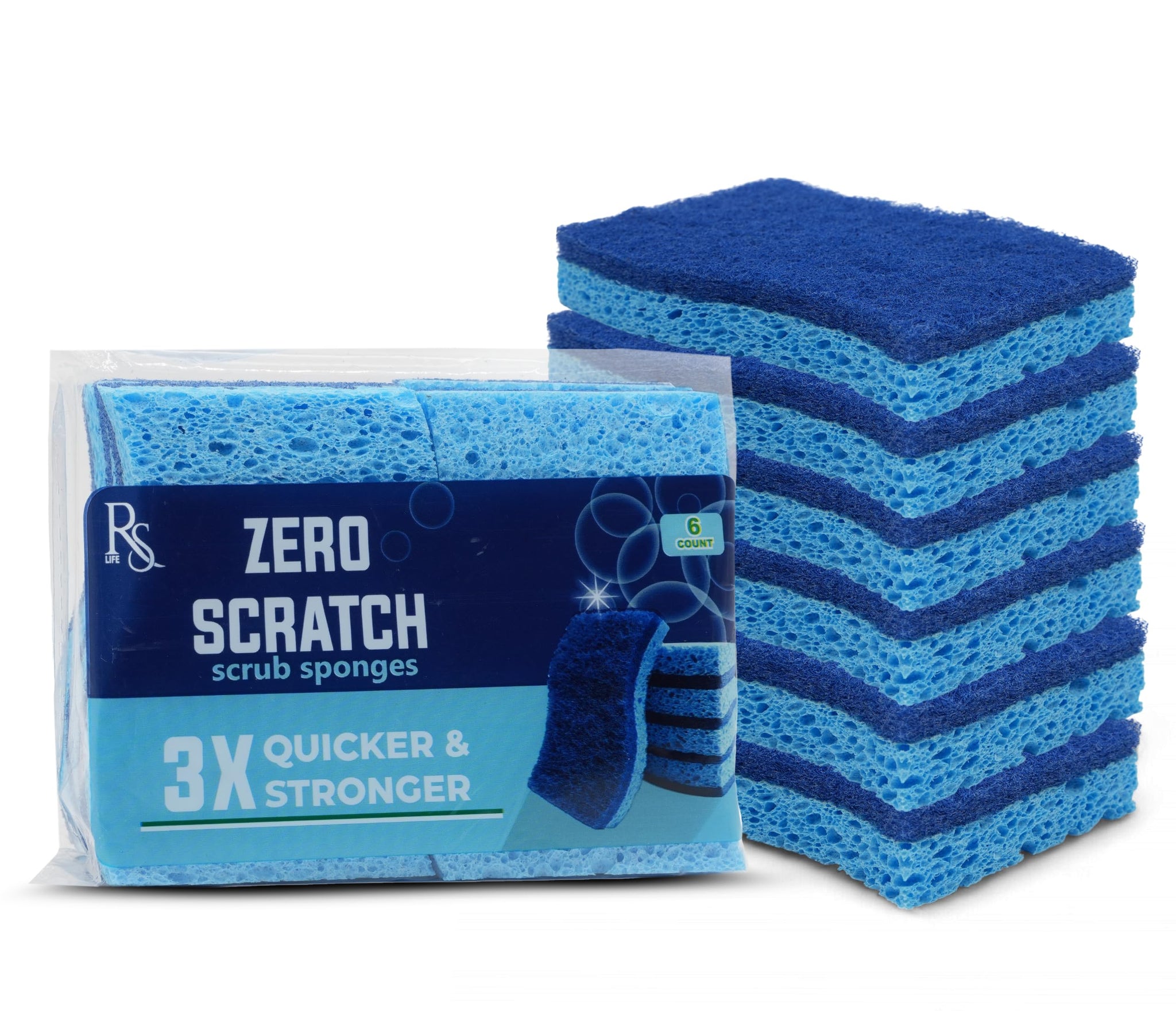 RSLIFE Blue Scrub Sponges Pack of 6 - Dual-Sided Kitchen Sponges for Cleaning - Non Scratch for Dishes, Bathroom, Surfaces - Durable Dishwashing