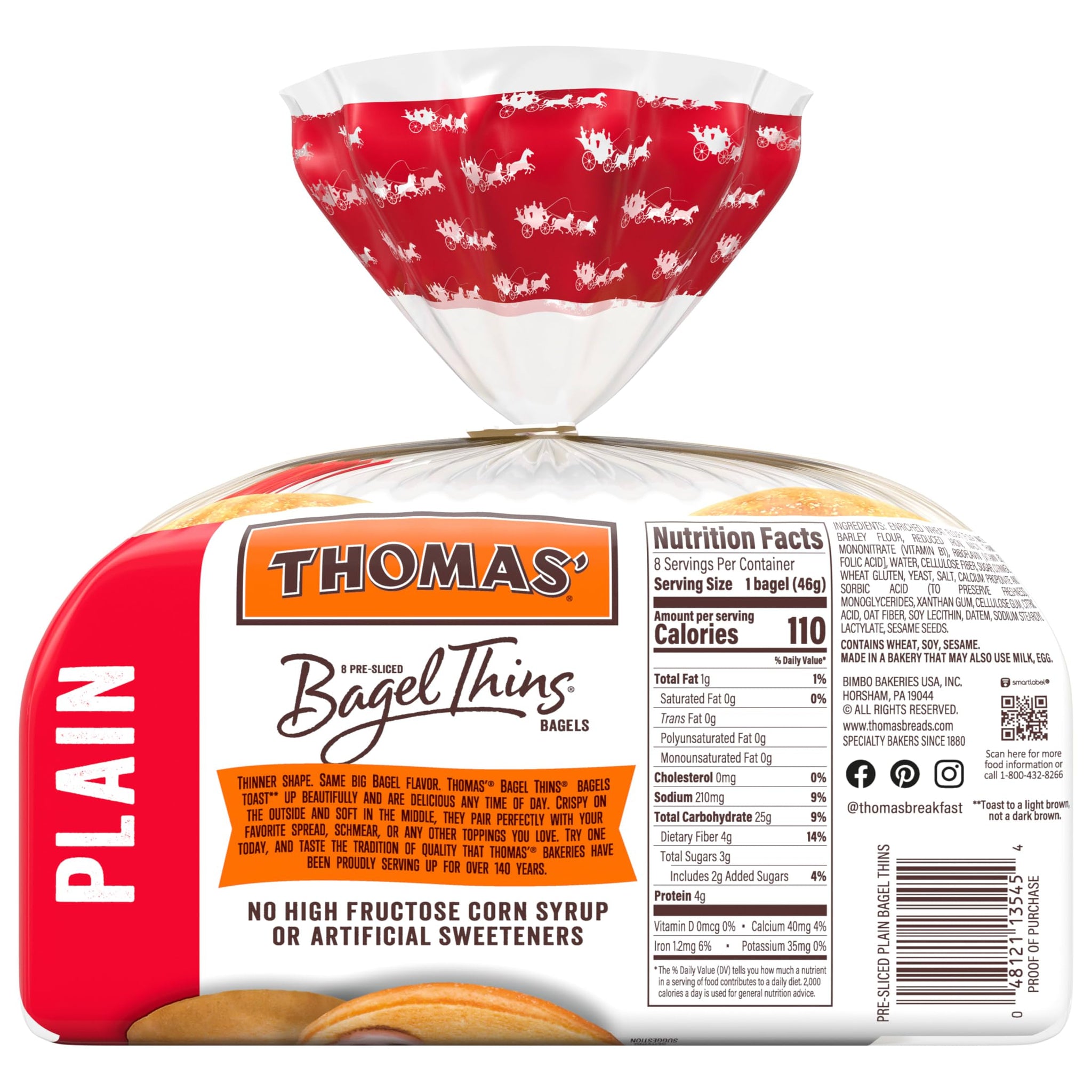 Thomas' Plain Bagel Thins, 8 Pre-Sliced Bagels with No High Fructose Corn Syrup, 13 Oz