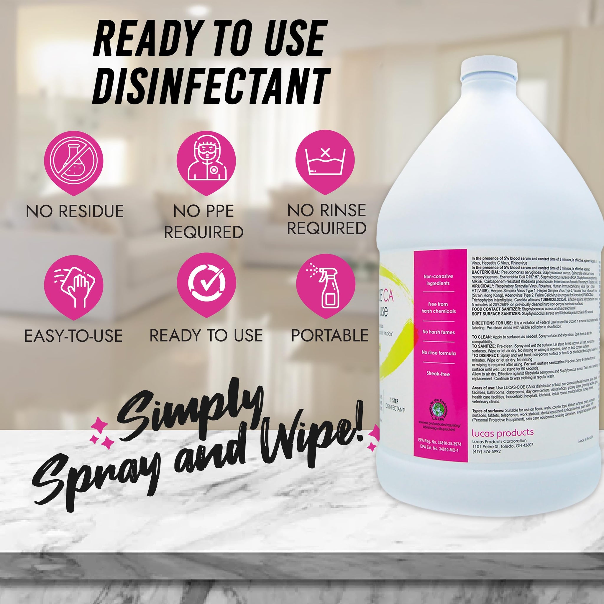 Lucas-Cide Ready To Use All Purpose Cleaner, Home Essentials Cleaning Supplies for Everyday Hygiene, Fresh Citrus Scented - 1 Gallon