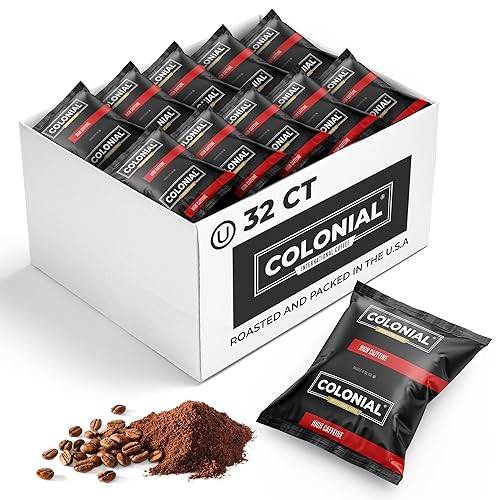 Colonial Coffee 32 Count Single Pot Coffee Packets - 100% Arabica High Caffeine Medium-Dark Roast | Pre-Measured Frac Packs for 12 Cup Maker | Bulk