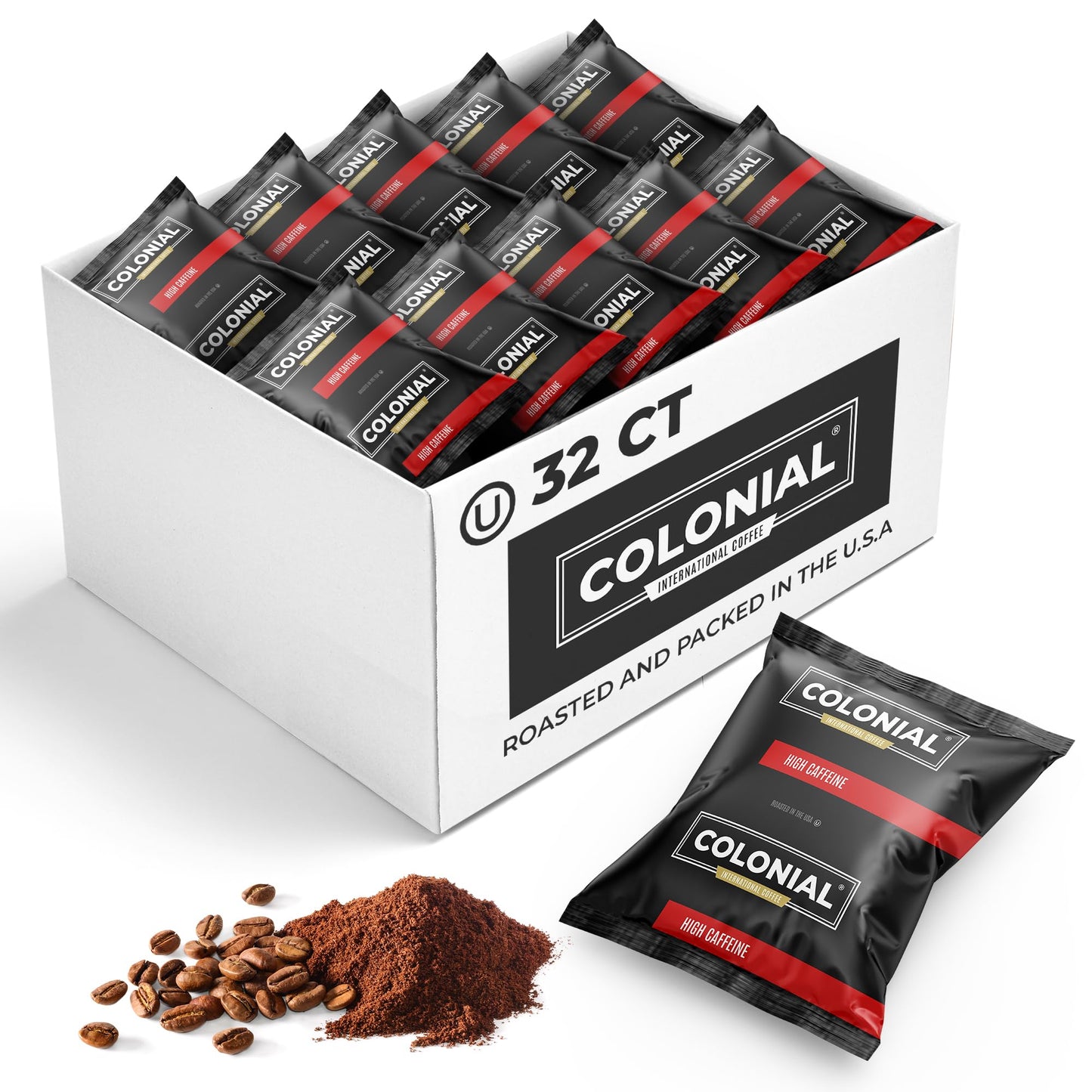 Colonial Coffee 32 Count Single Pot Coffee Packets - 100% Arabica High Caffeine Medium-Dark Roast | Pre-Measured Frac Packs for 12 Cup Maker | Bulk