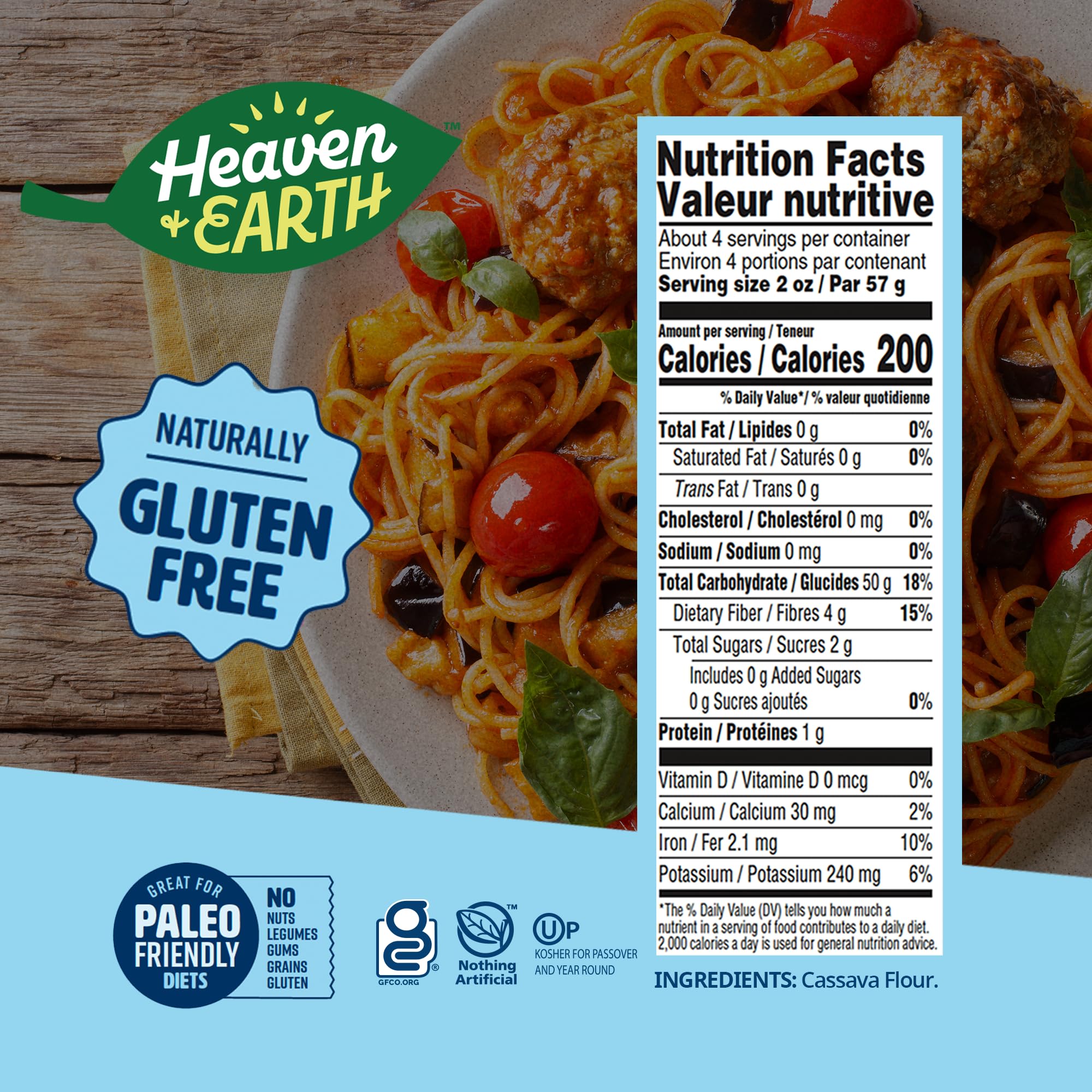 Heaven & Earth Grain Free Pasta, Cassava Spaghetti Pasta, 8oz (3 Pack) | Paleo Pasta | Vegan | Certified Gluten Free | Kosher for Passover