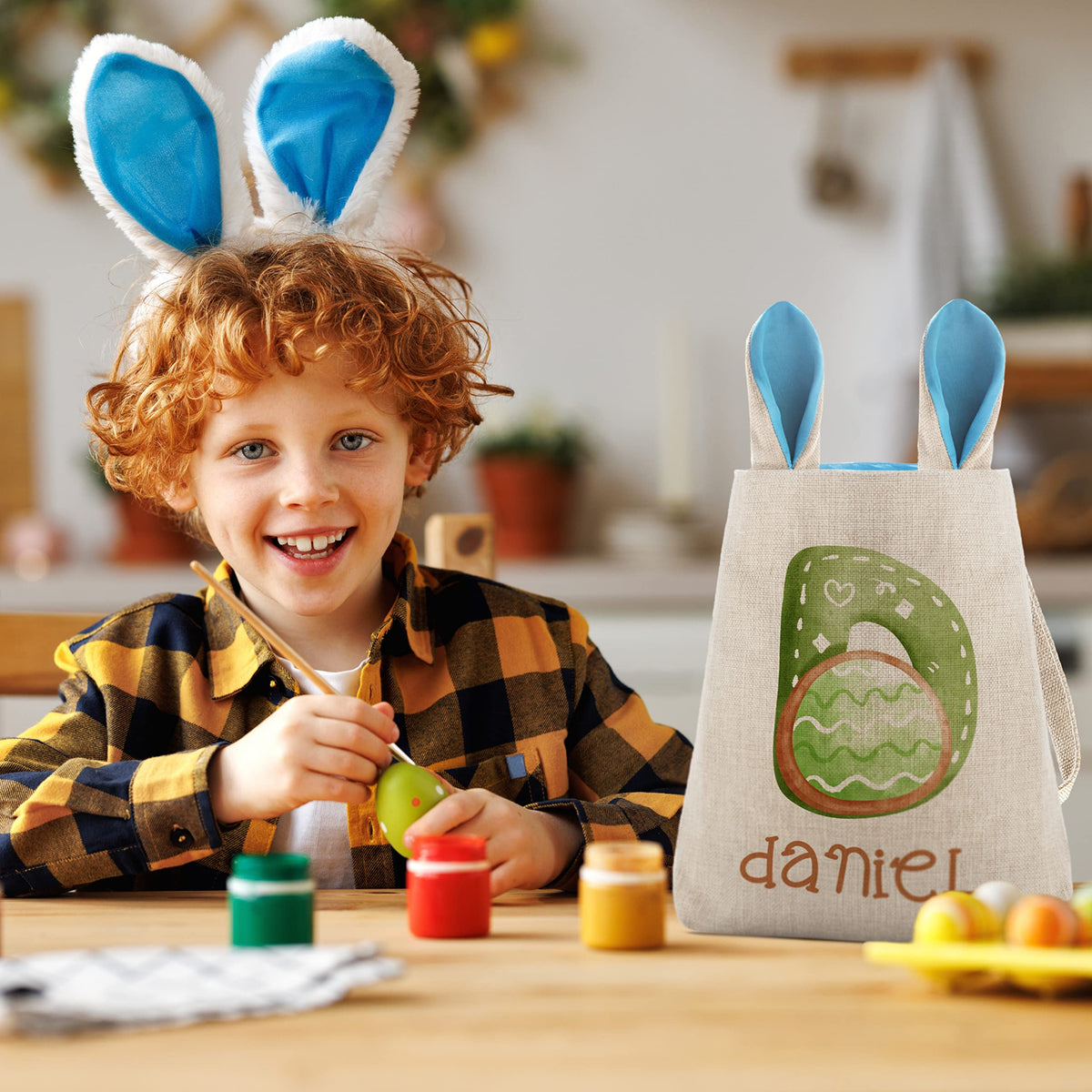 Set of 2, Personalized Easter Baskets for Boys & Girls w/Initail & Name, Pink or Blue Bunny Ears - Customize Tote Bag with Handle for Easter Eggs