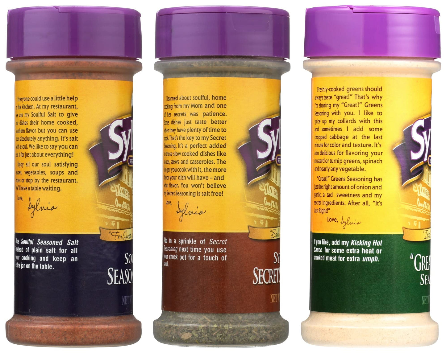 Sylvia's Seasoning Variety Pack, (Great! Greens 5.25oz, Soulful Seasoned Salt 7oz, and Secret Seasoning 1.5oz) 3 Containers