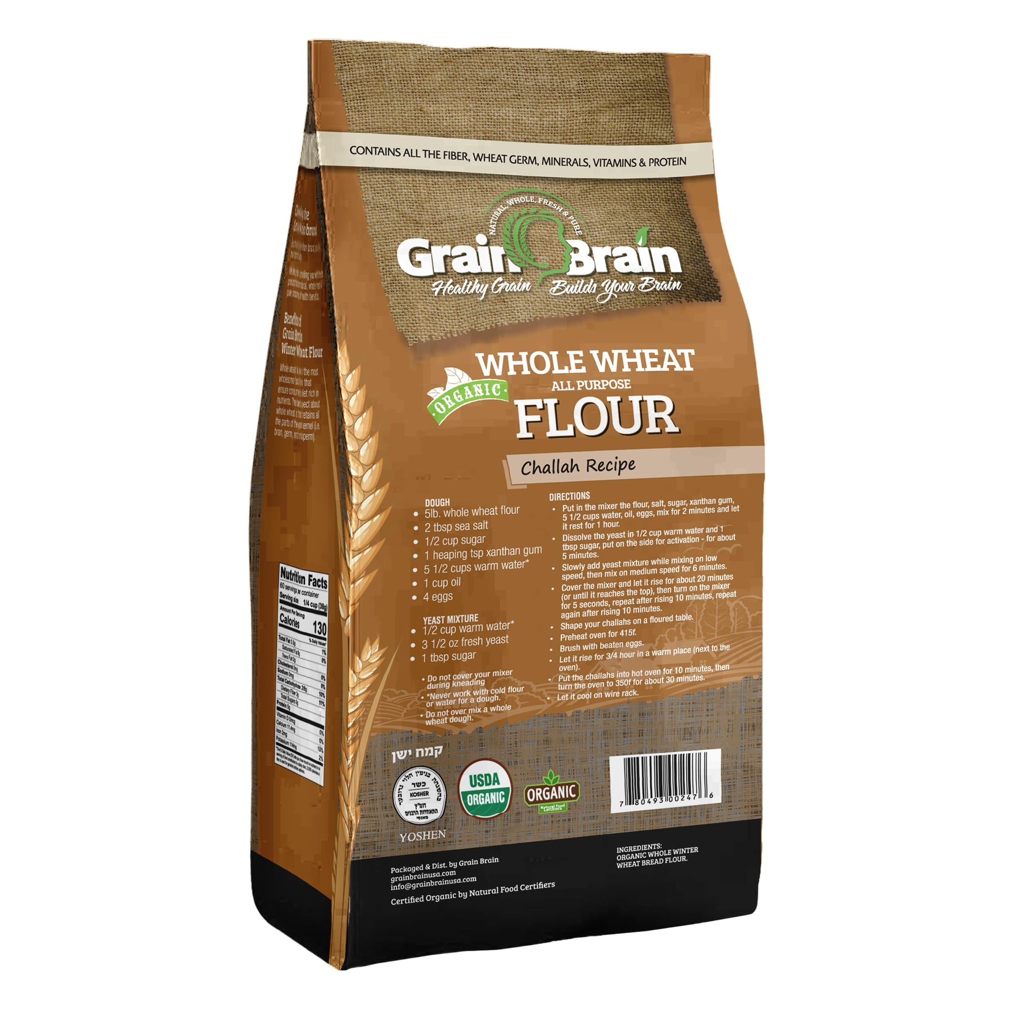 Grain Brain Organic Whole Wheat All purpose flour, No Bleaching, No Potassium Bromate (80 Ounces)