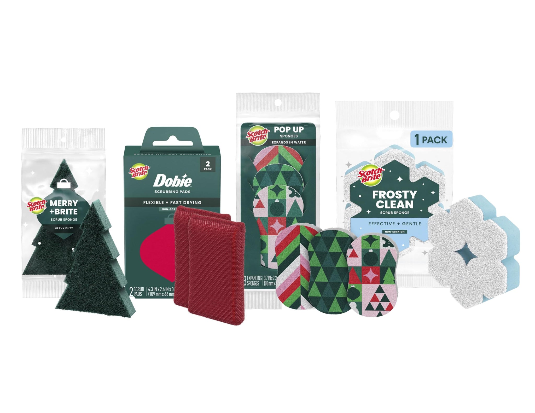 Scotch-Brite Merry + Brite Holiday Collection, 3 Pop-Up Sponges, 1 Heavy Duty Christmas Tree Sponge, 2 Scrubbing Pads, 1 Snowflake Sponge, 1 Pack per