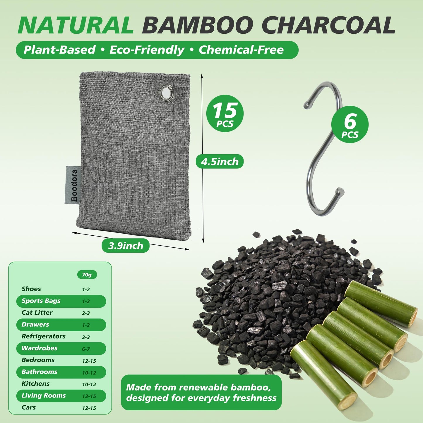 Boodora Activated Charcoal Bags Air Purifying 15 Pack, Bamboo Charcoal Odor Absorber for Home Closet Car Shoes, 70g Gray, Natural Odor Neutralizer