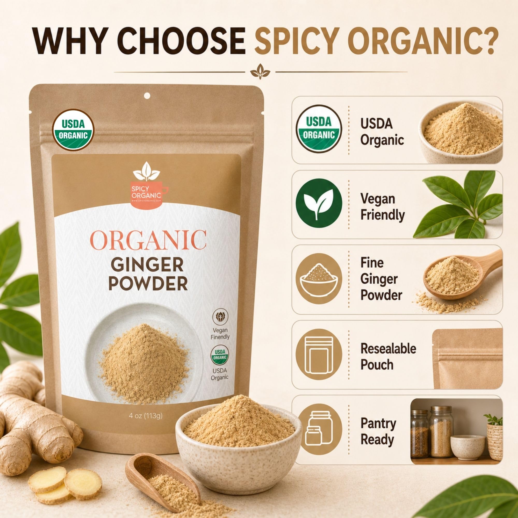 Organic Ginger Powder 16oz (454g) | Ground Ginger Spice from India | USDA Organic, Non-GMO, Gluten-Free | Great for Cooking, Baking, Smoothies, Teas