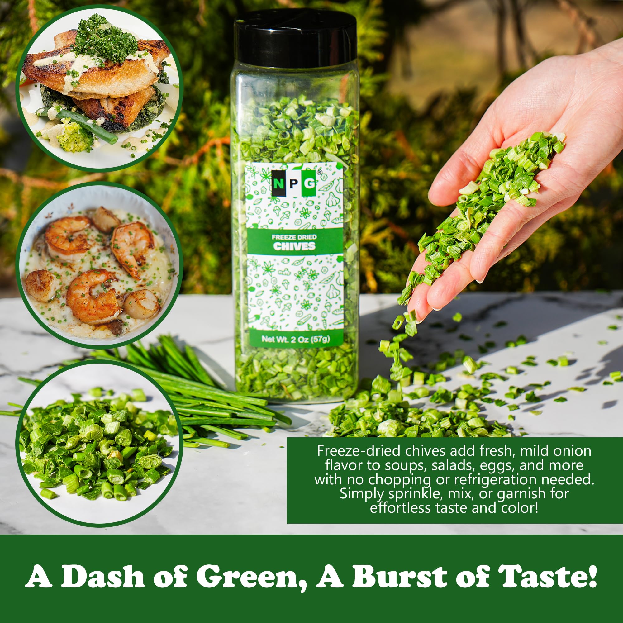 NPG Freeze-Dried Chives 2 Oz, Dehydrated Chopped Chives, Mild Onion Herb for Cooking, Soup, Ramen, Stir Fry & Garnish, Non-GMO, Gluten-Free Seasoning
