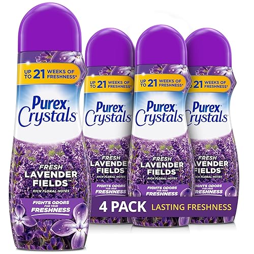 Purex Crystals In-Wash Scent Booster, Fresh Lavender Fields, 21 oz (Pack of 4), Long-Lasting Freshness & Odor Elimination Technology