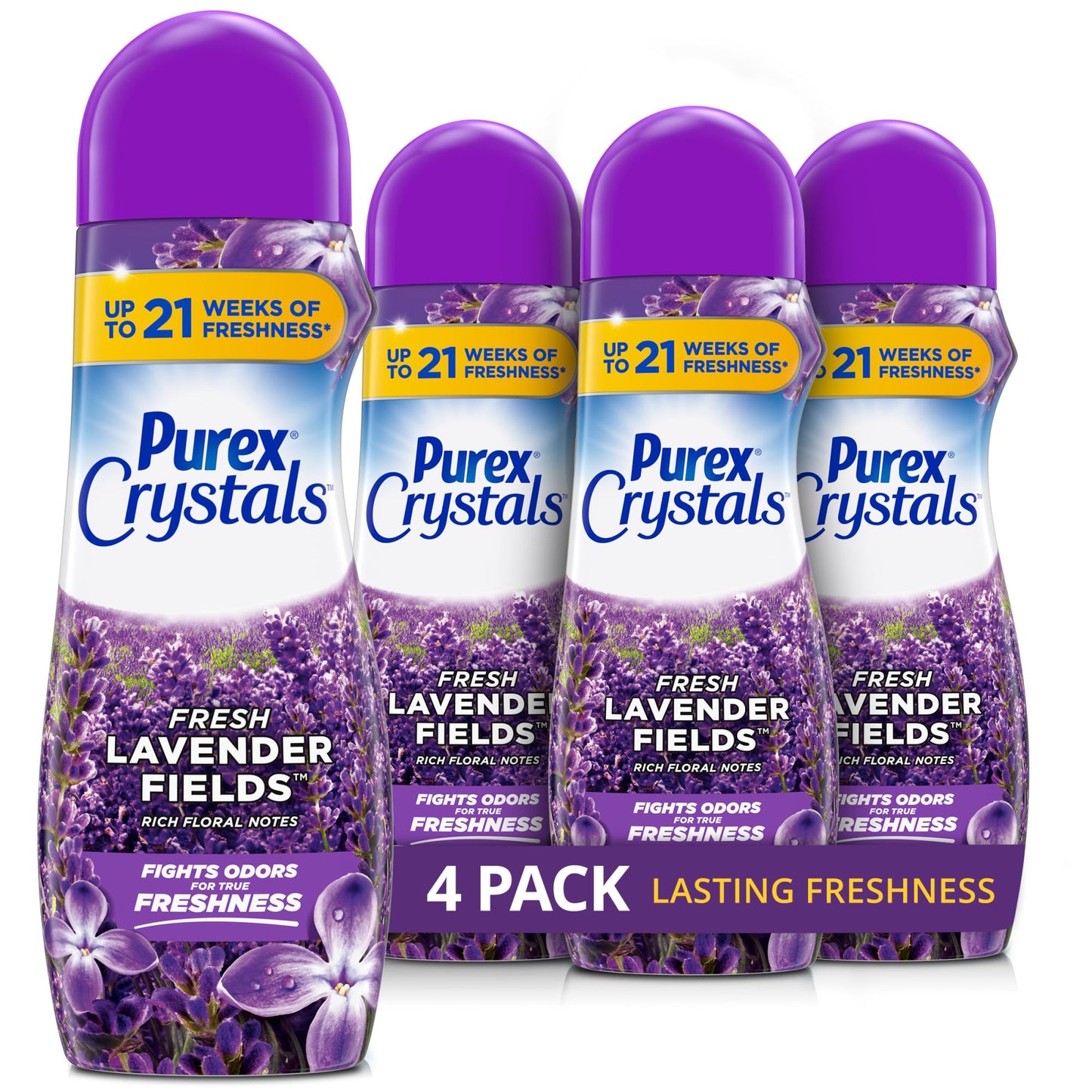 Purex Crystals In-Wash Scent Booster, Fresh Lavender Fields, 21 oz (Pack of 4), Long-Lasting Freshness & Odor Elimination Technology