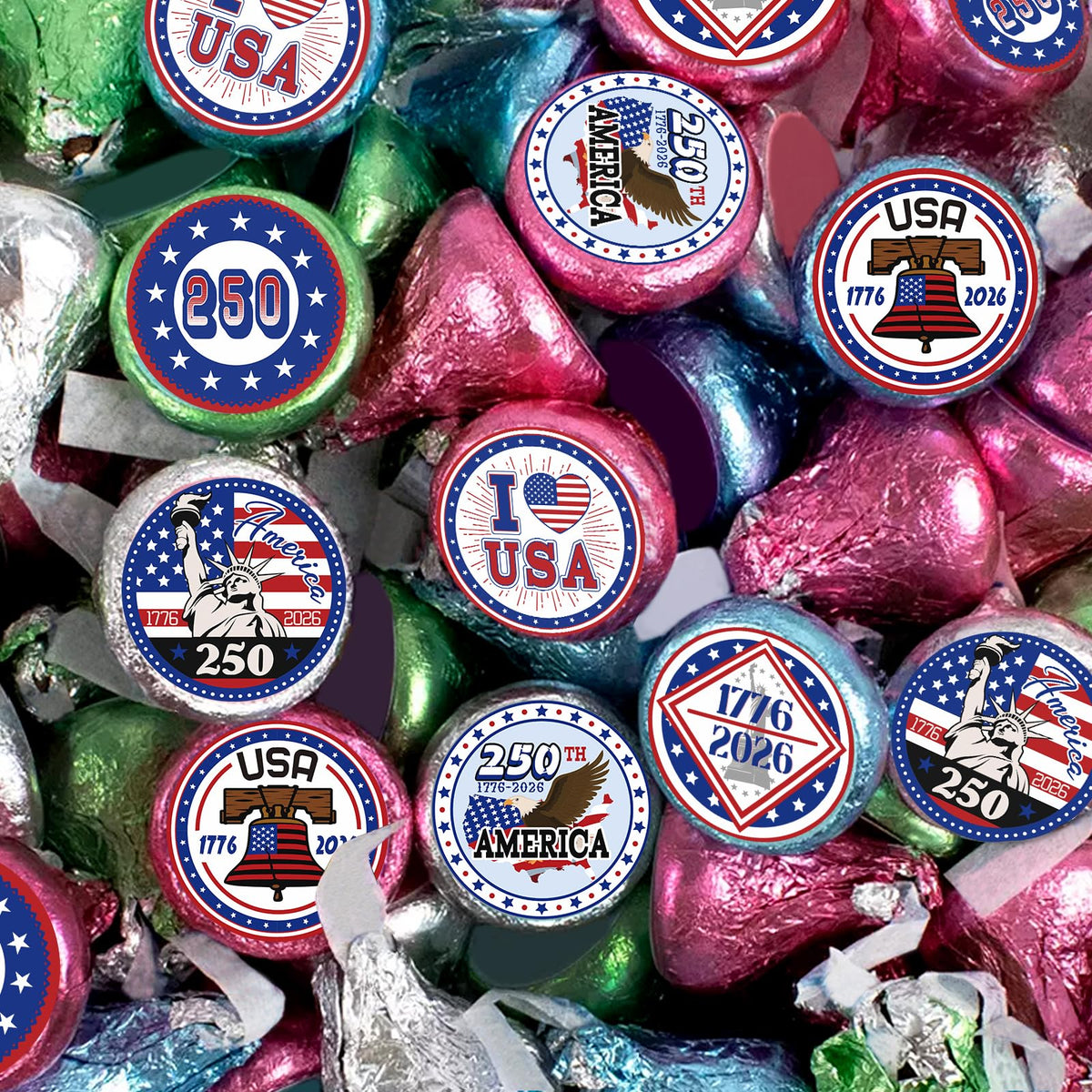 250th Anniversary Party Kiss Stickers - US 1776-2026 250 Years Birthday Freedom Label Stickers Round Mini Chocolate Candy Wrappers - 4th of July Party