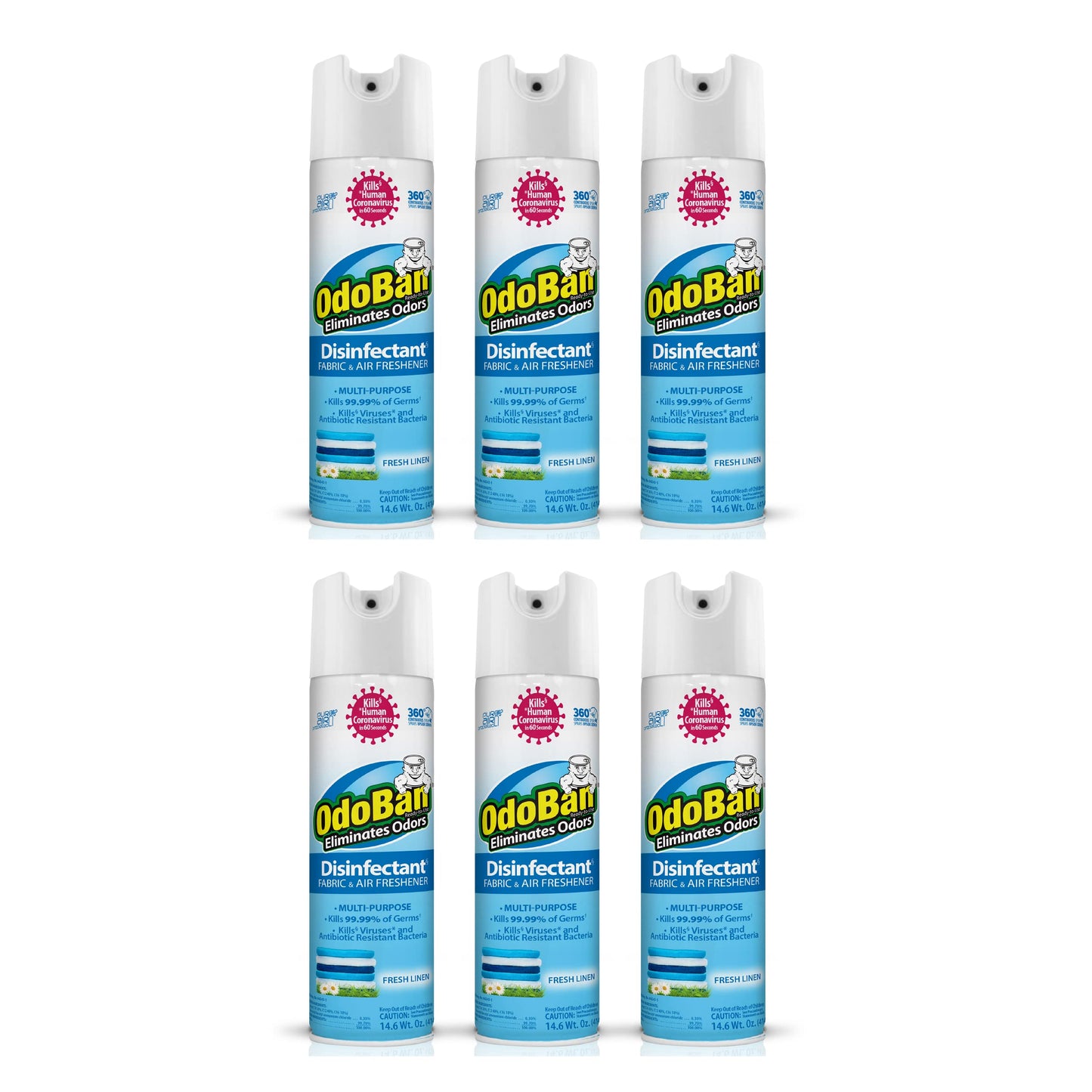OdoBan Ready-to-Use 360-Degree Continuous Spray Disinfectant and Harsh Aroma Eliminator, Fabric and Air Freshener, 6 Pack, 14.6 Ounces Each, Fresh
