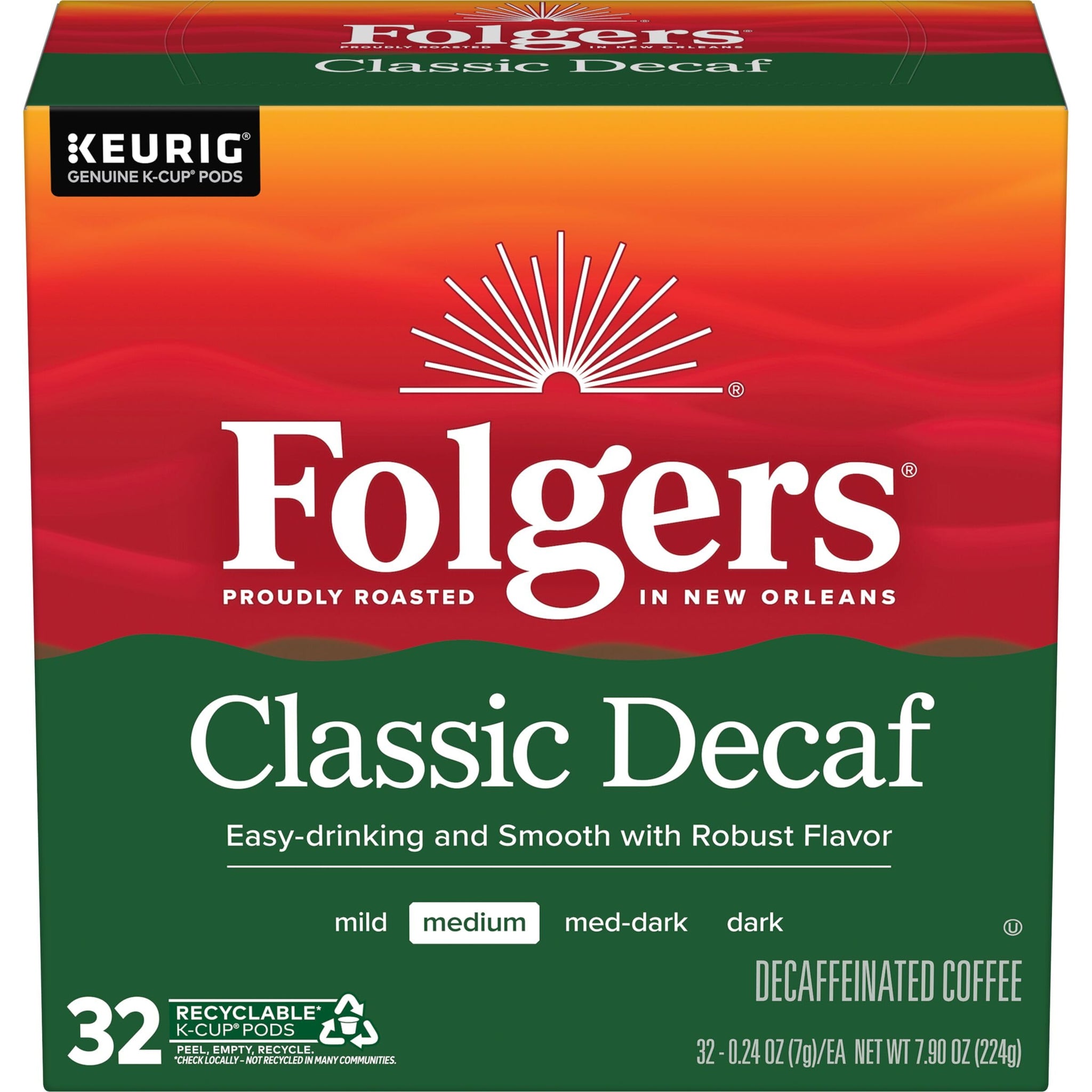 Folgers Classic Decaf Coffee, Keurig K-Cup Pods, 32 Count Box