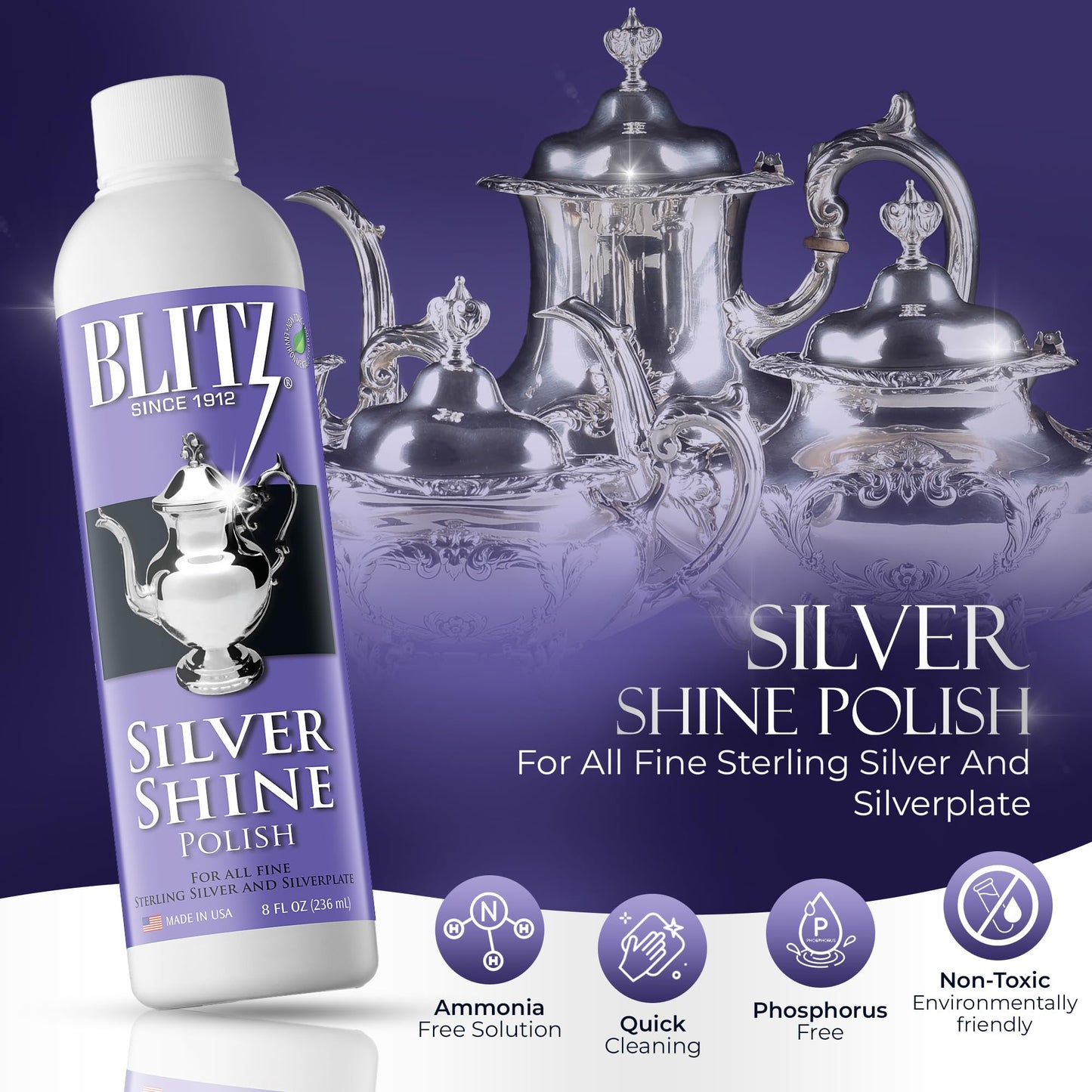 Blitz Silver Shine Polish Liquid Silver Polish for Sterling and Silverplate Jewelry, Dishes, Flatware, Fixtures, & Decor Non-Toxic, Non-Abrasive