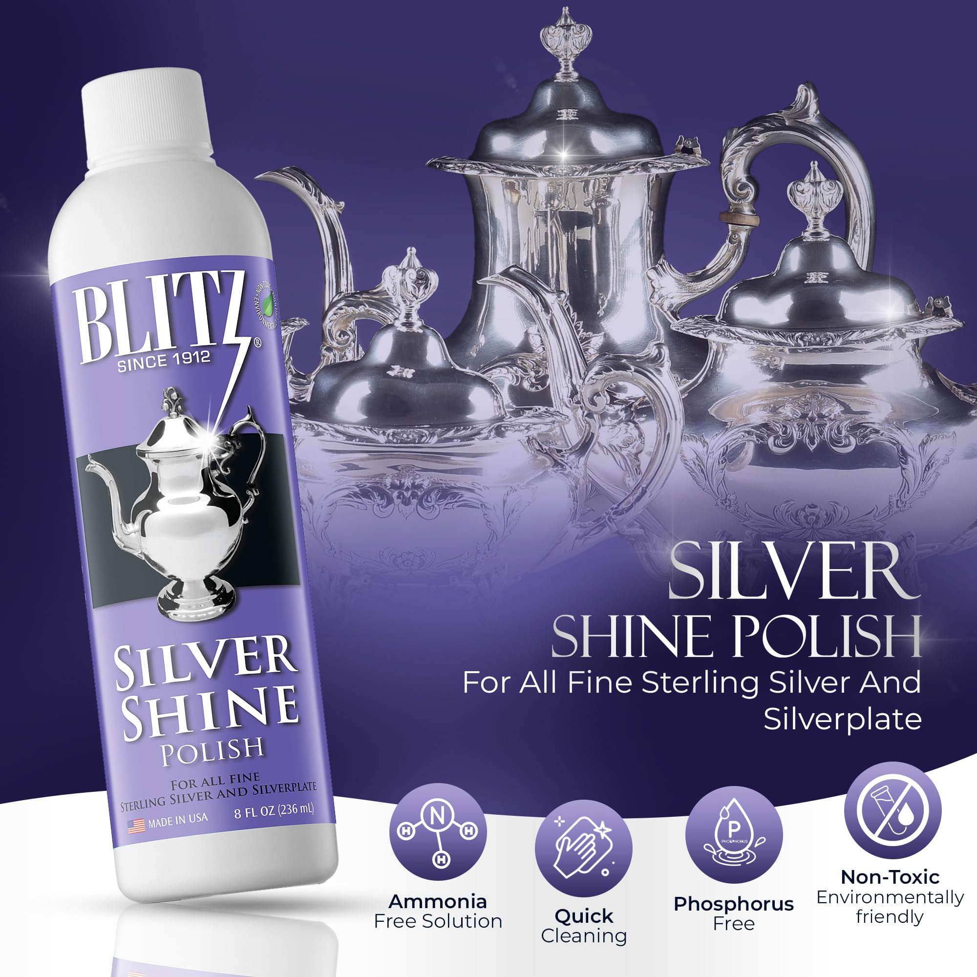 Blitz Silver Shine Polish Liquid Silver Polish for Sterling and Silverplate Jewelry, Dishes, Flatware, Fixtures, & Decor Non-Toxic, Non-Abrasive