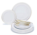 OCCASIONS 360 Pcs set (60 guest) Wedding Disposable Plastic Plate and Silverware Combo 10.5" + 7.5" + Silverware (Double Fork) (White & Gold Rim