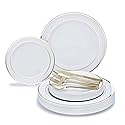 OCCASIONS 360 Pcs set (60 guest) Wedding Disposable Plastic Plate and Silverware Combo 10.5" + 7.5" + Silverware (Double Fork) (White & Gold Rim