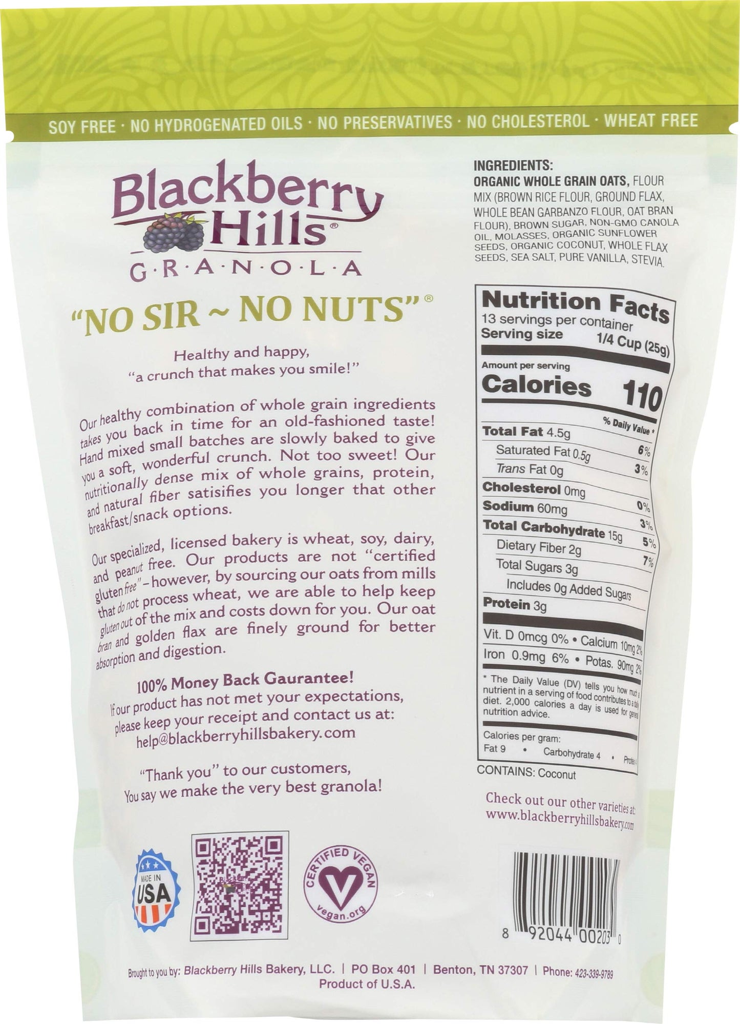 BLACKBERRY HILLS BAKERY No Nuts Granola, 14 OZ