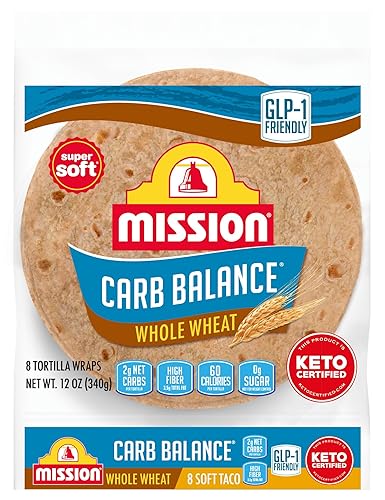 Mission Carb Balance Soft Taco Whole Wheat Tortillas, Medium Size, 8 Count, Low Carb, Keto, Whole Grains, High Fiber, No Sugar