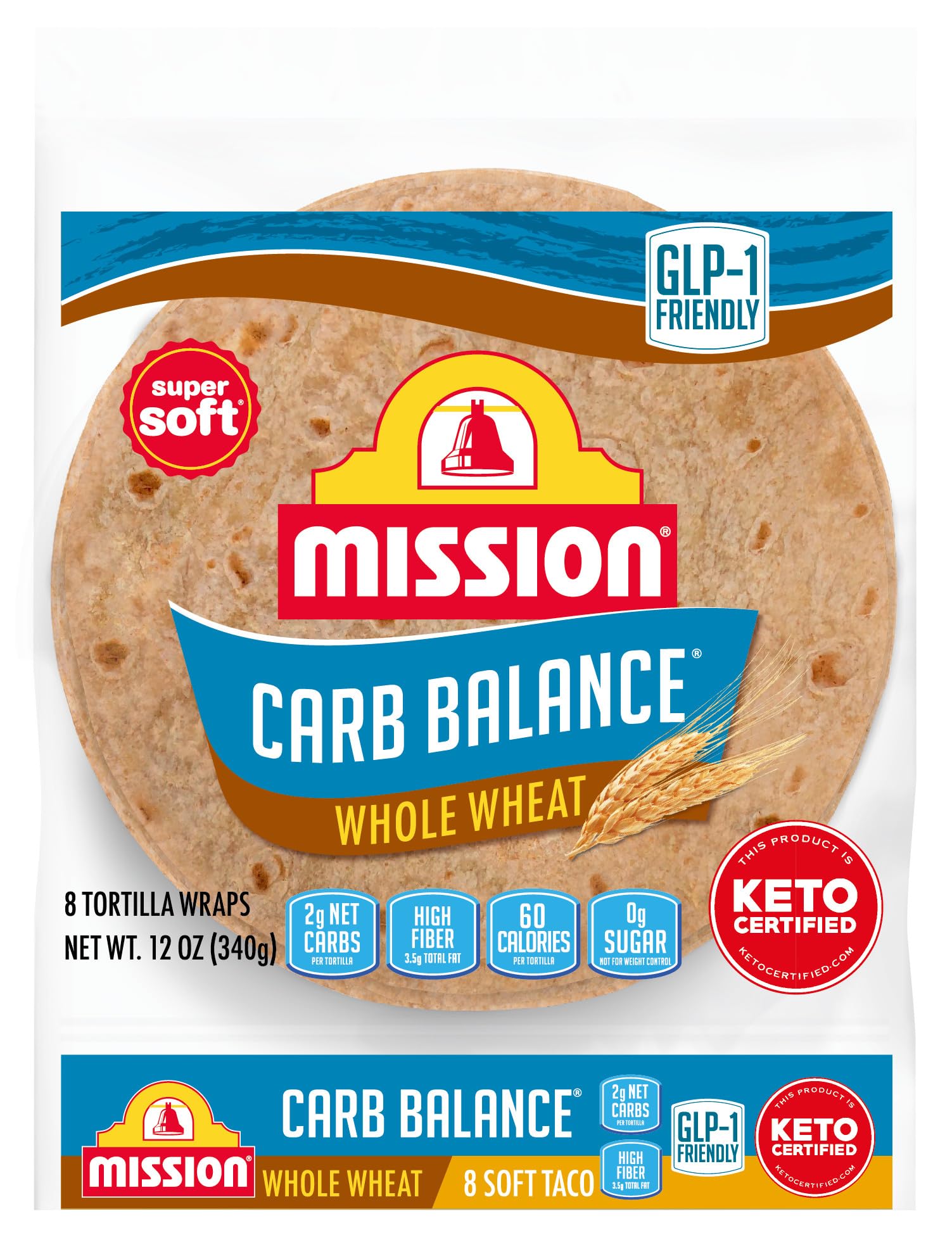Mission Carb Balance Soft Taco Whole Wheat Tortillas, Medium Size, 8 Count, Low Carb, Keto, Whole Grains, High Fiber, No Sugar