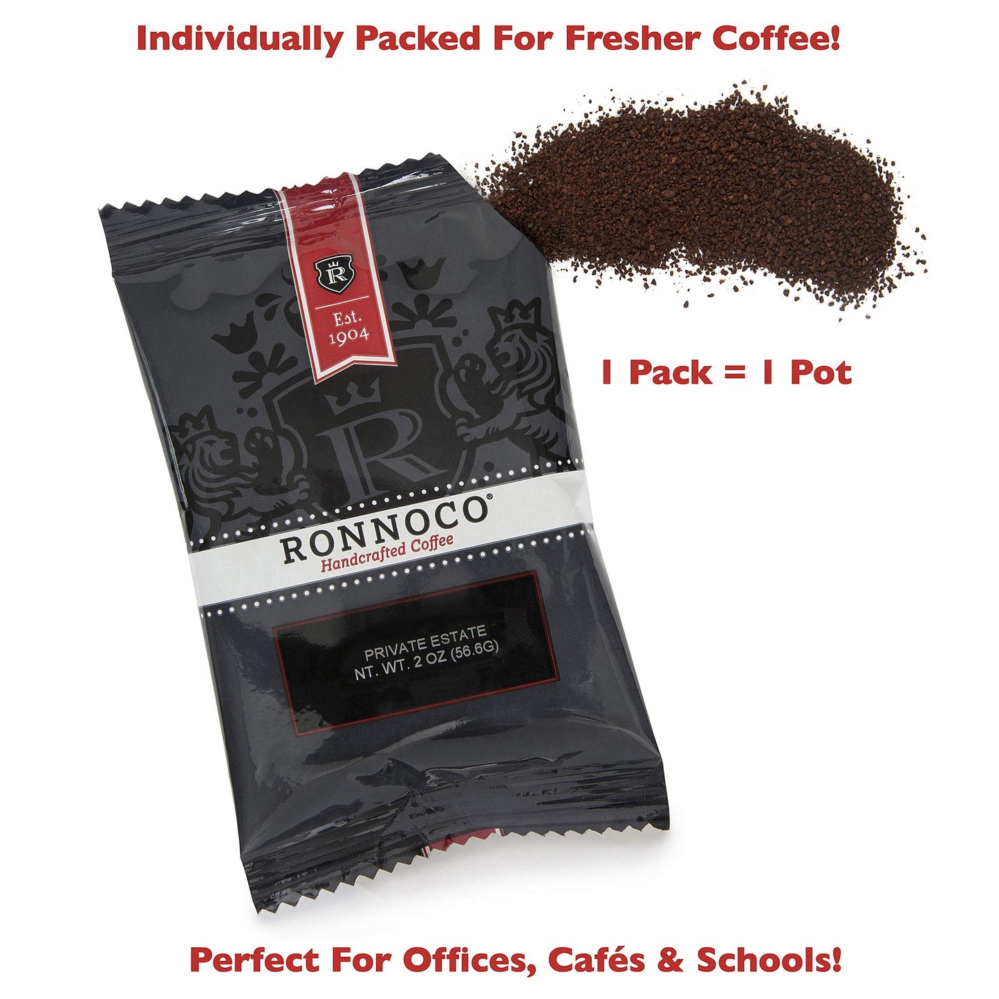 Ronnoco Signature Private Estate, Handcrafted Ground Coffee Fraction Packs, Medium Roast, Single Pot Bags for Drip Coffee Makers, Individual Packets