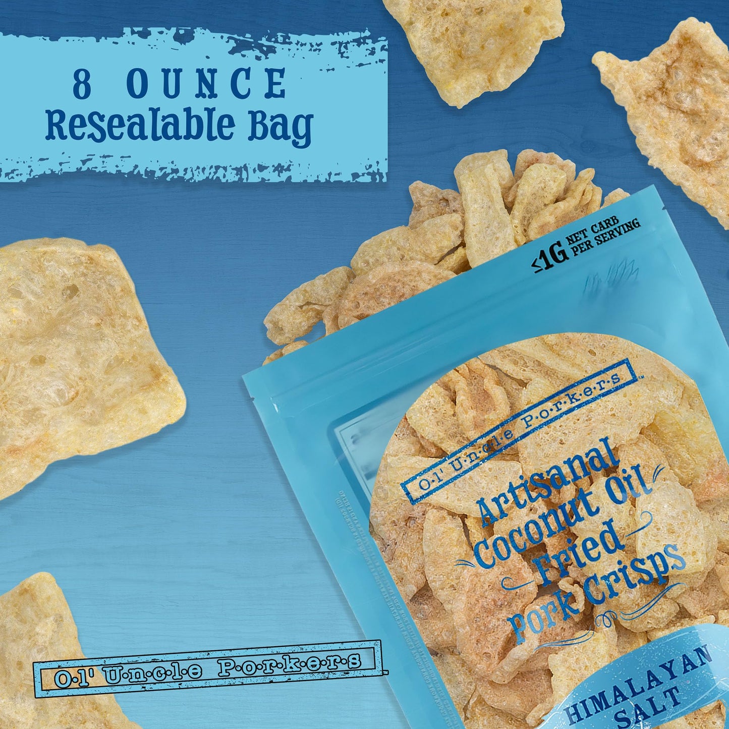 Ol' Uncle Porkers Keto-Friendly Pork Rinds Fried in Coconut Oil, 8 oz Bags, (Himalayan Pink Salt Flavor, Pack of 1)