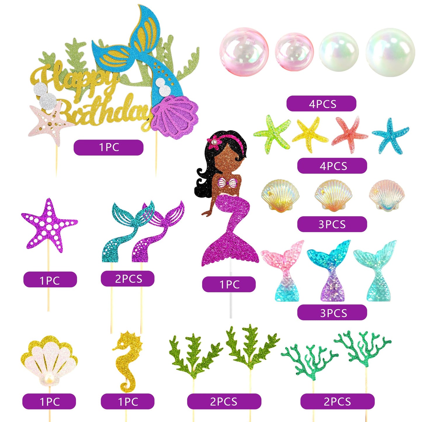 25 PCS Glitter Mermaid Theme Birthday Cake Topper Under the Sea Party Supplies Cake Decoration Cupcake Toppers Mermaid Tail Starfish Conch Seahorse