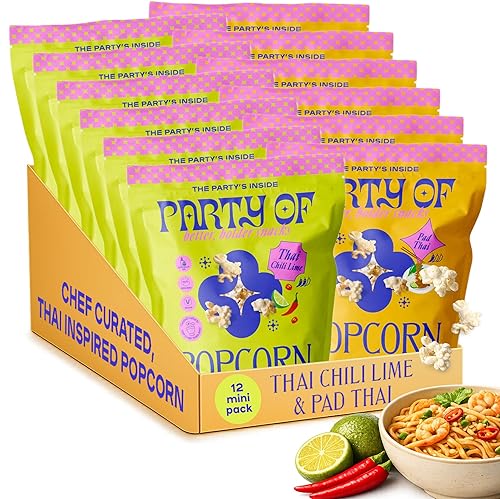 Party Of Thai-Inspired Popcorn Variety Pack - 6 Chili Lime + 6 Pad Thai Mini Size Bags - Bold, Tangy, Spicy, and Savory Flavored Popped Popcorn Snack