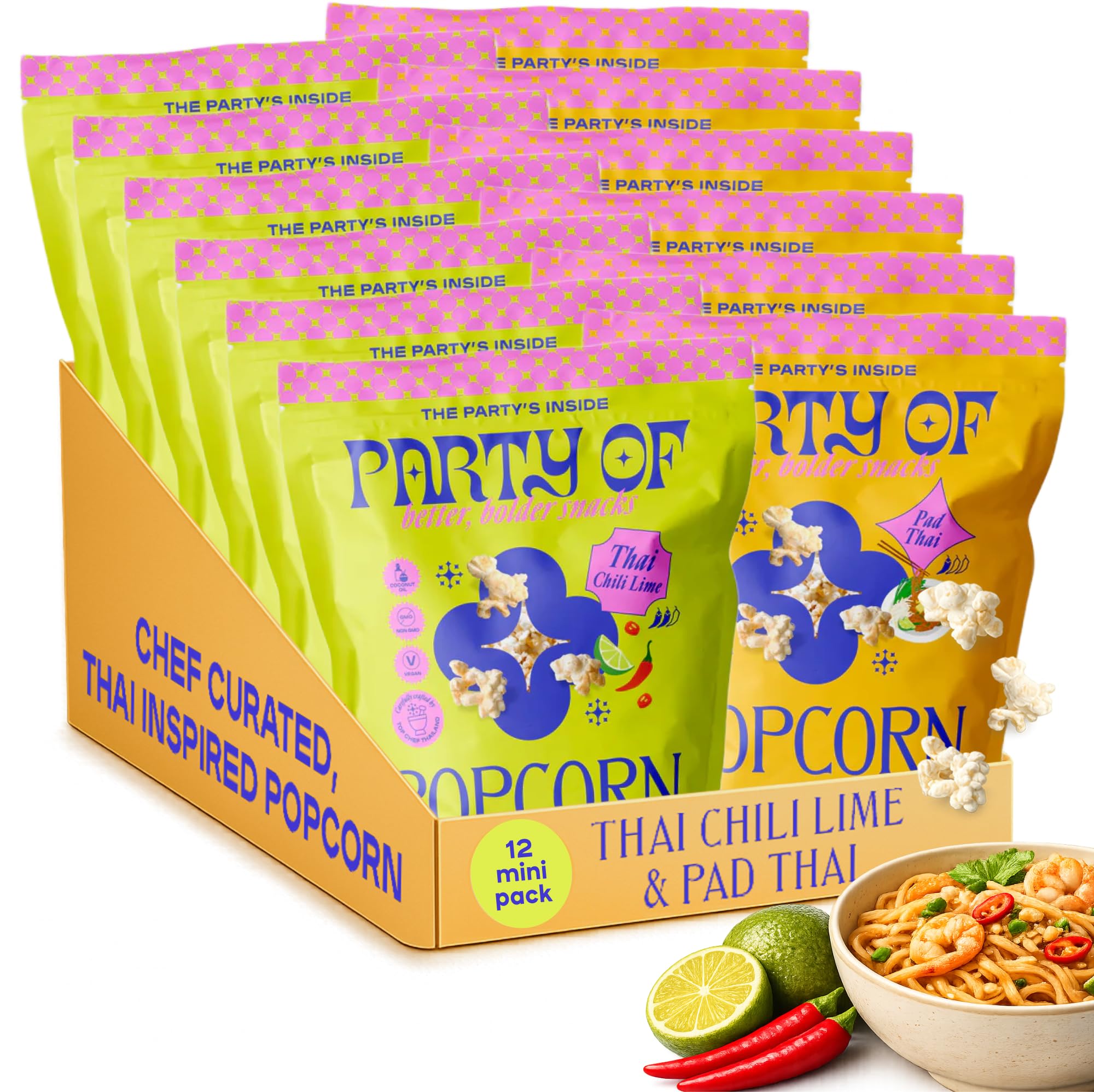 Party Of Thai-Inspired Popcorn Variety Pack - 6 Chili Lime + 6 Pad Thai Mini Size Bags - Bold, Tangy, Spicy, and Savory Flavored Popped Popcorn Snack