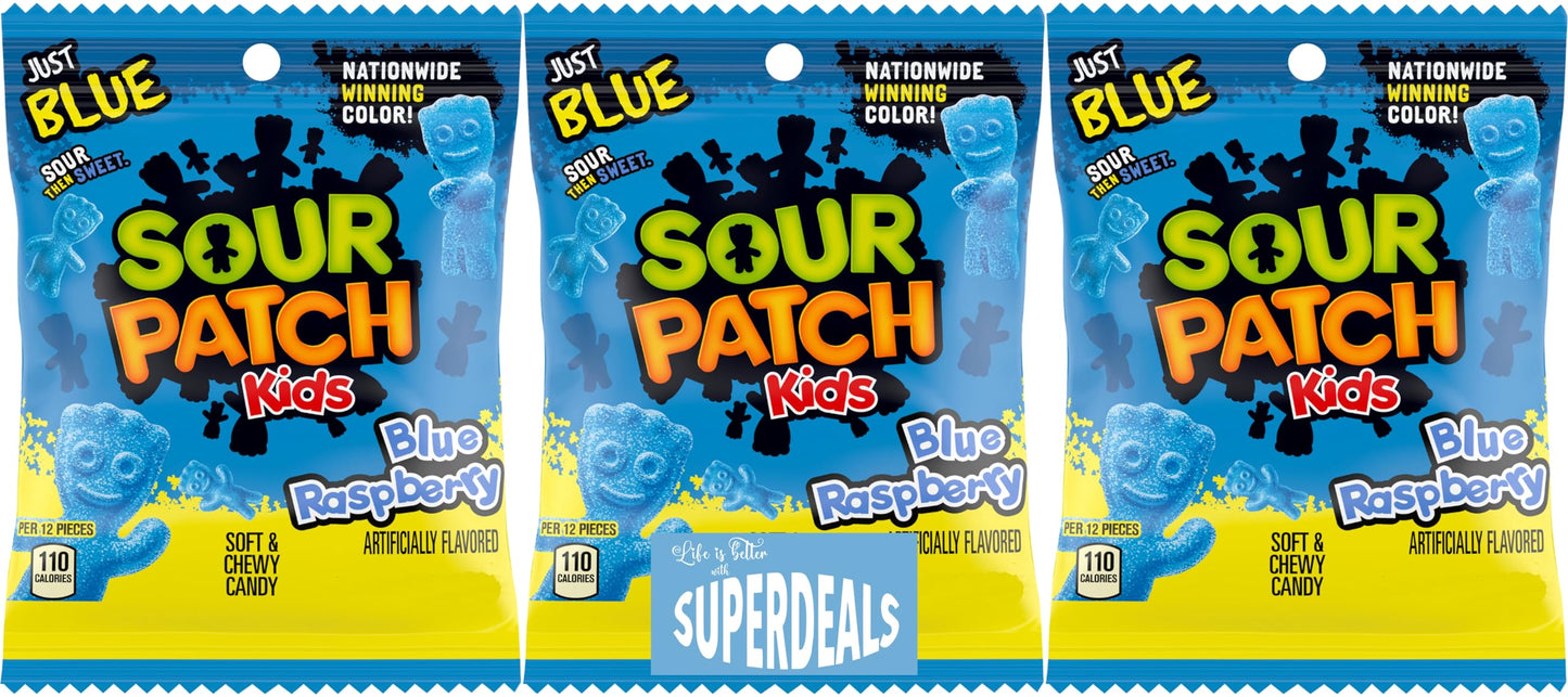 Sour Patch Kids (Pack of 3) Soft and Chewy Candy bundled by SUPERDEALS with Mystery Gift (8 oz, Blue Raspberry)