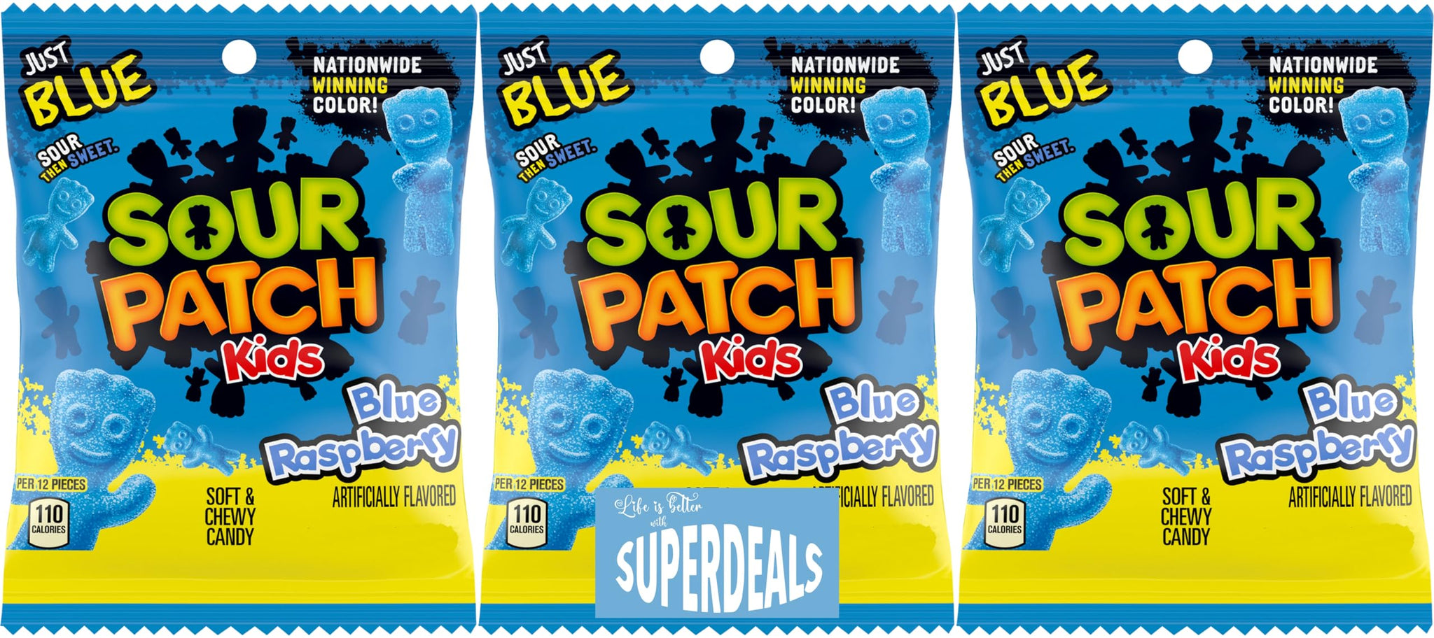 Sour Patch Kids (Pack of 3) Soft and Chewy Candy bundled by SUPERDEALS with Mystery Gift (8 oz, Blue Raspberry)