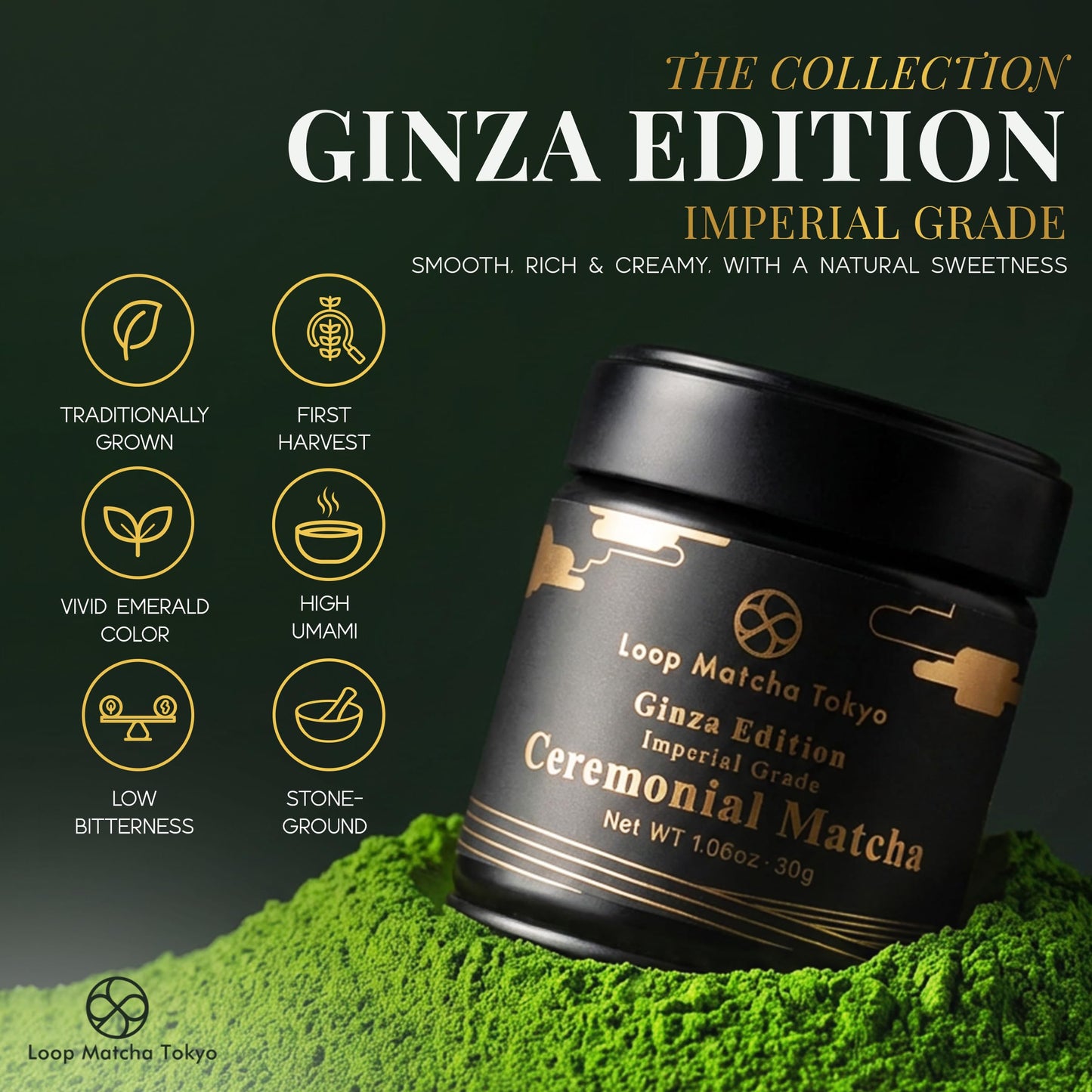 Loop Matcha Tokyo Ginza Edition - Pure Japanese Ceremonial Matcha Powder 30g - Stone Ground 5-Cultivar - Blend - Shade Grown - Emerald Green