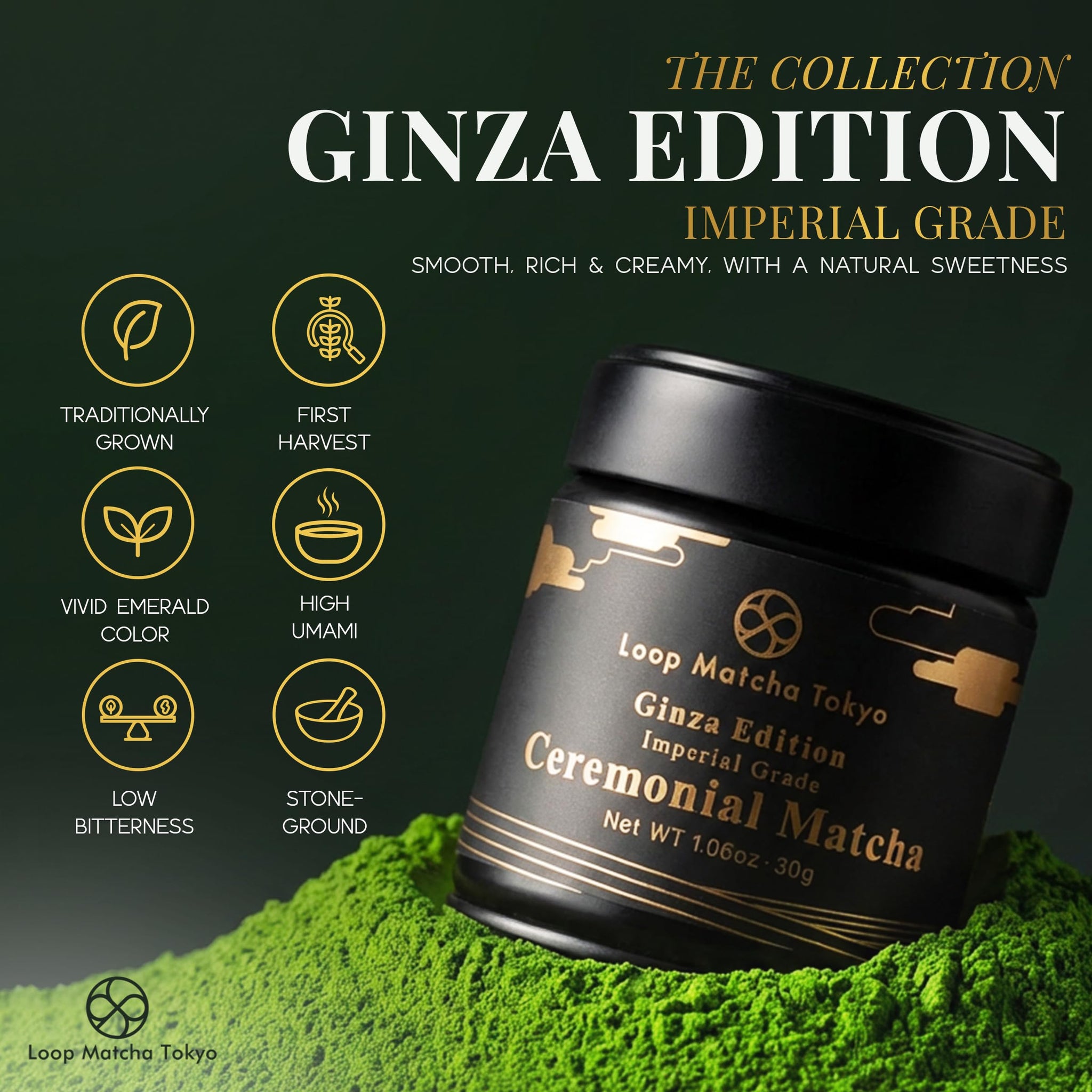 Loop Matcha Tokyo Ginza Edition - Pure Japanese Ceremonial Matcha Powder 30g - Stone Ground 5-Cultivar - Blend - Shade Grown - Emerald Green