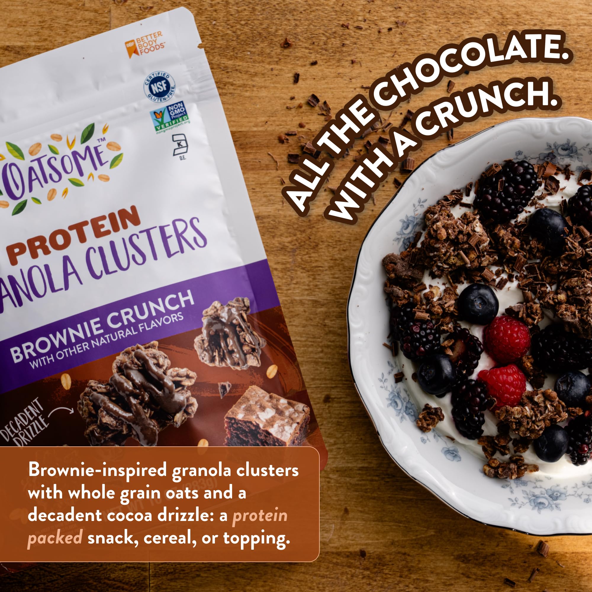 Oatsome Protein Granola Clusters Brownie Crunch, 10g Plant-Based Protein, Gluten Free, Made with Dark Chocolate Pieces & Whole Grain Oats, for Snack